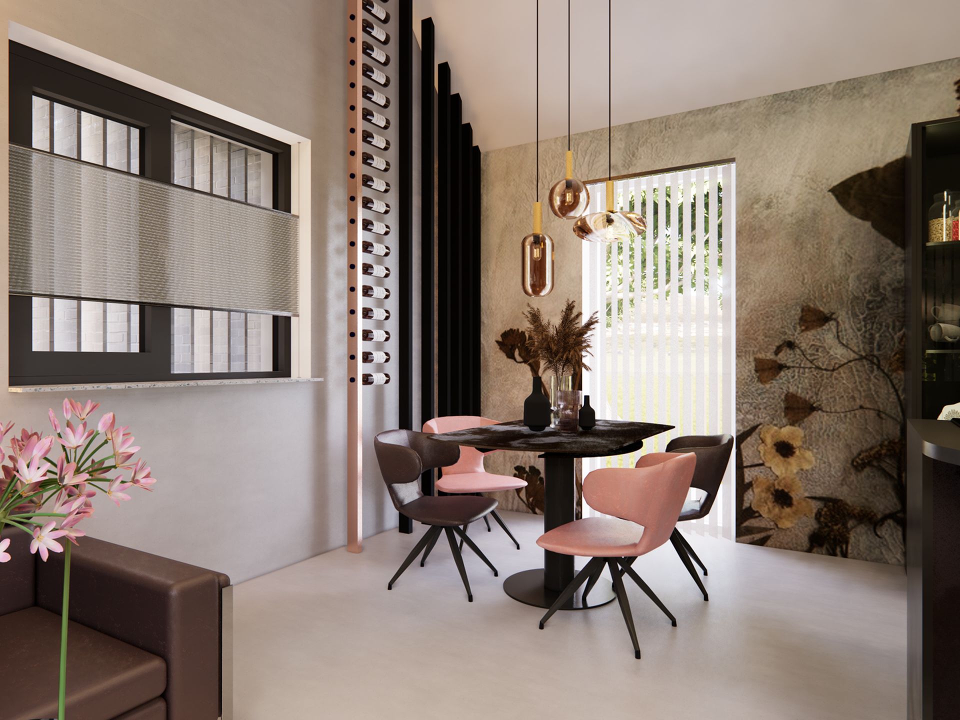 3D-visualisatie van de ronde eethoek met roze en bruine stoelen, maatwerk wijnrek, hanglampen en uitgesproken florale wandafwerking.