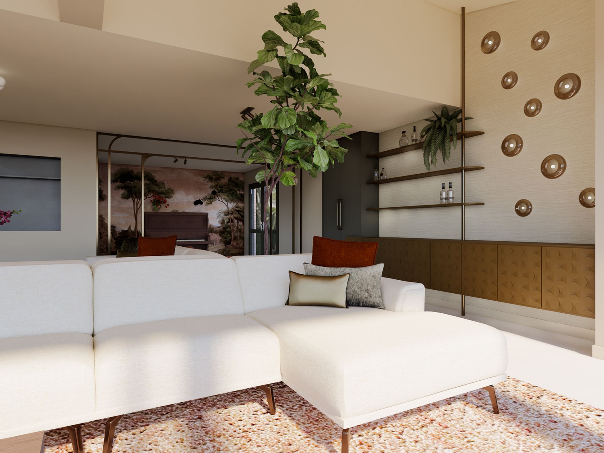 Render van de open leefruimte met bankeneiland, maatwerk whiskywand en pianosalon als verbonden leefzones in een ruime villa.