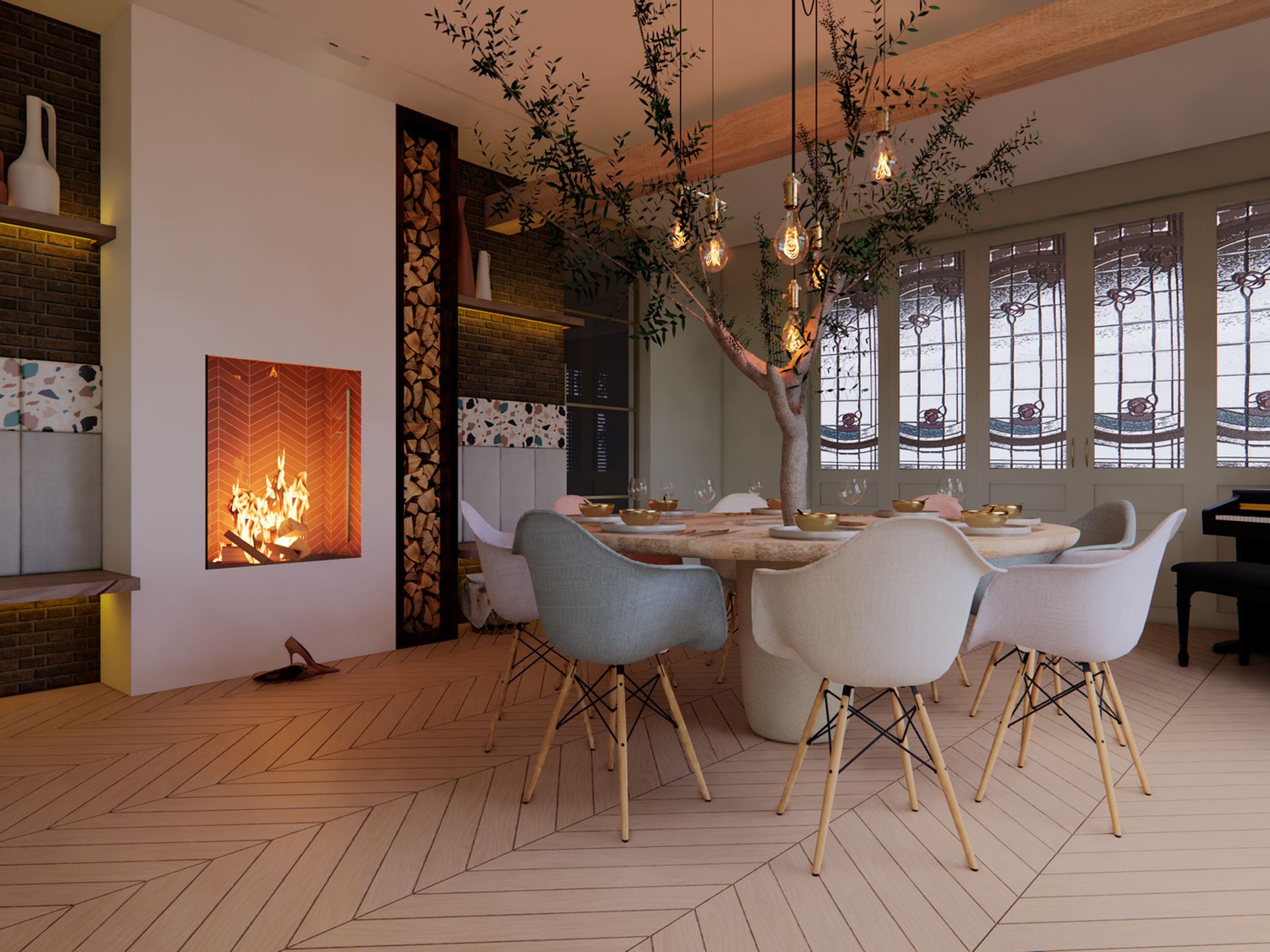 Overzicht van de woonkeuken met grote eettafel, open haard, houtopslag, glas-in-looddeuren en sfeerverlichting.