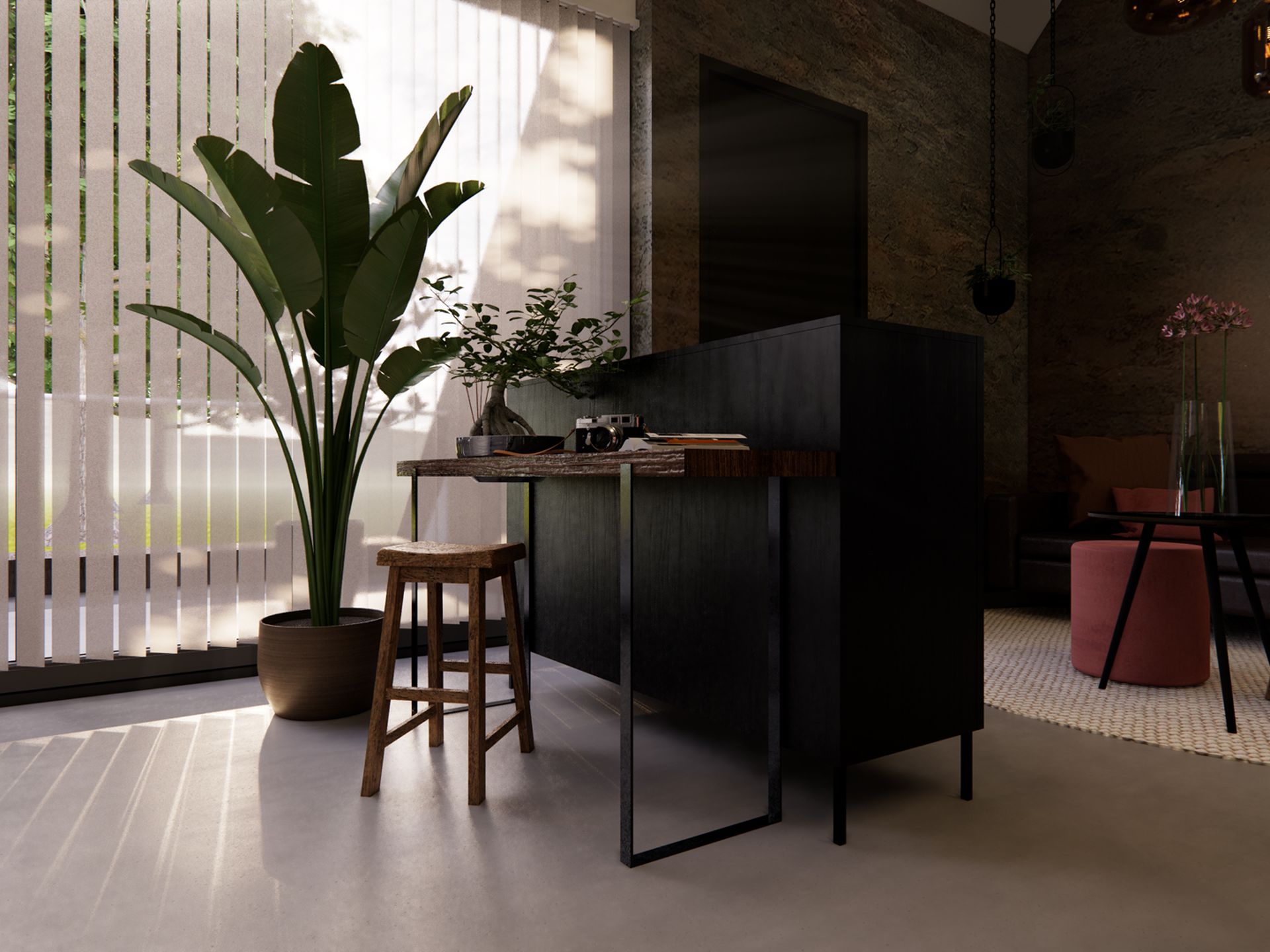 Compacte werkplek en sidetable aan het raam met planten en zicht op de zithoek.