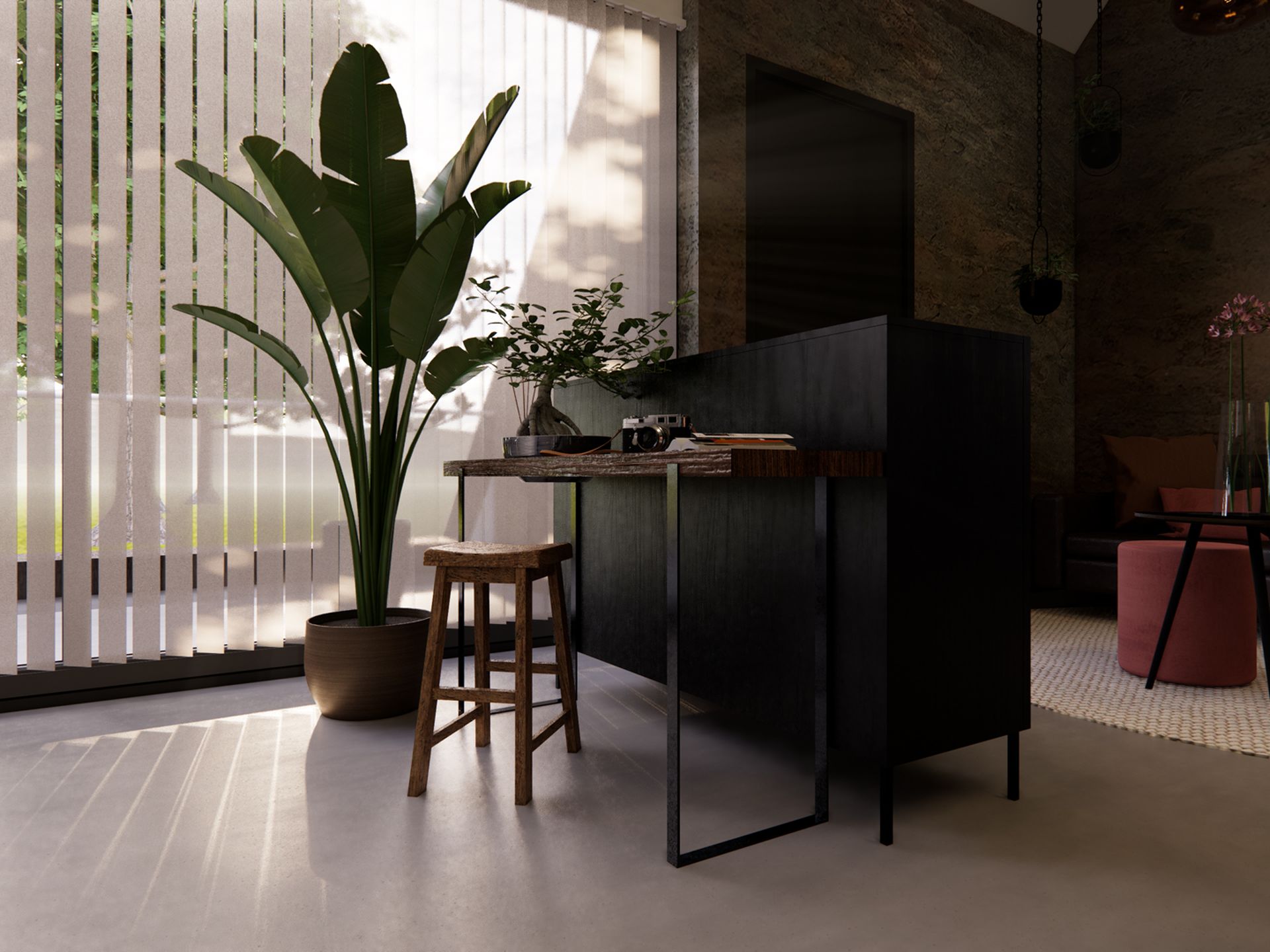 Interieurvisualisatie van een compacte werkplek bij het raam met houten bureau, zwarte kast, grote kamerplant en zicht op de zithoek.