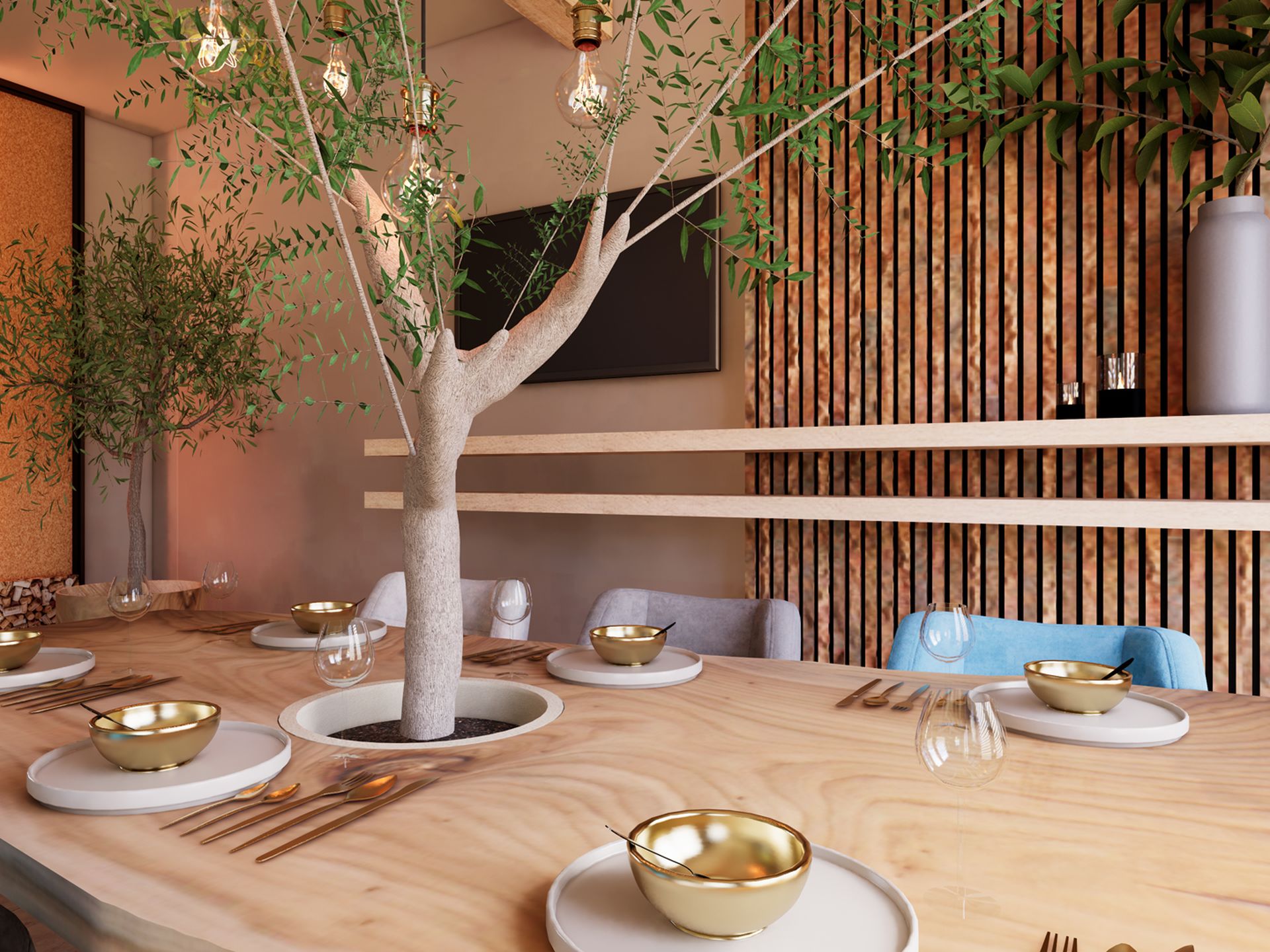 Detail van een gedekte eettafel met geïntegreerde boom, houten lattenwand en warme natuurlijke materialen.