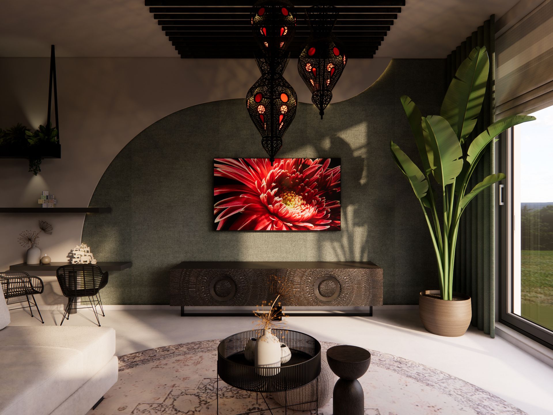 3D visualisatie van een hotel-chique woonkamer in Rotterdam Zuid met groene tv-wand, planten, warme verlichting en grote ramen.
