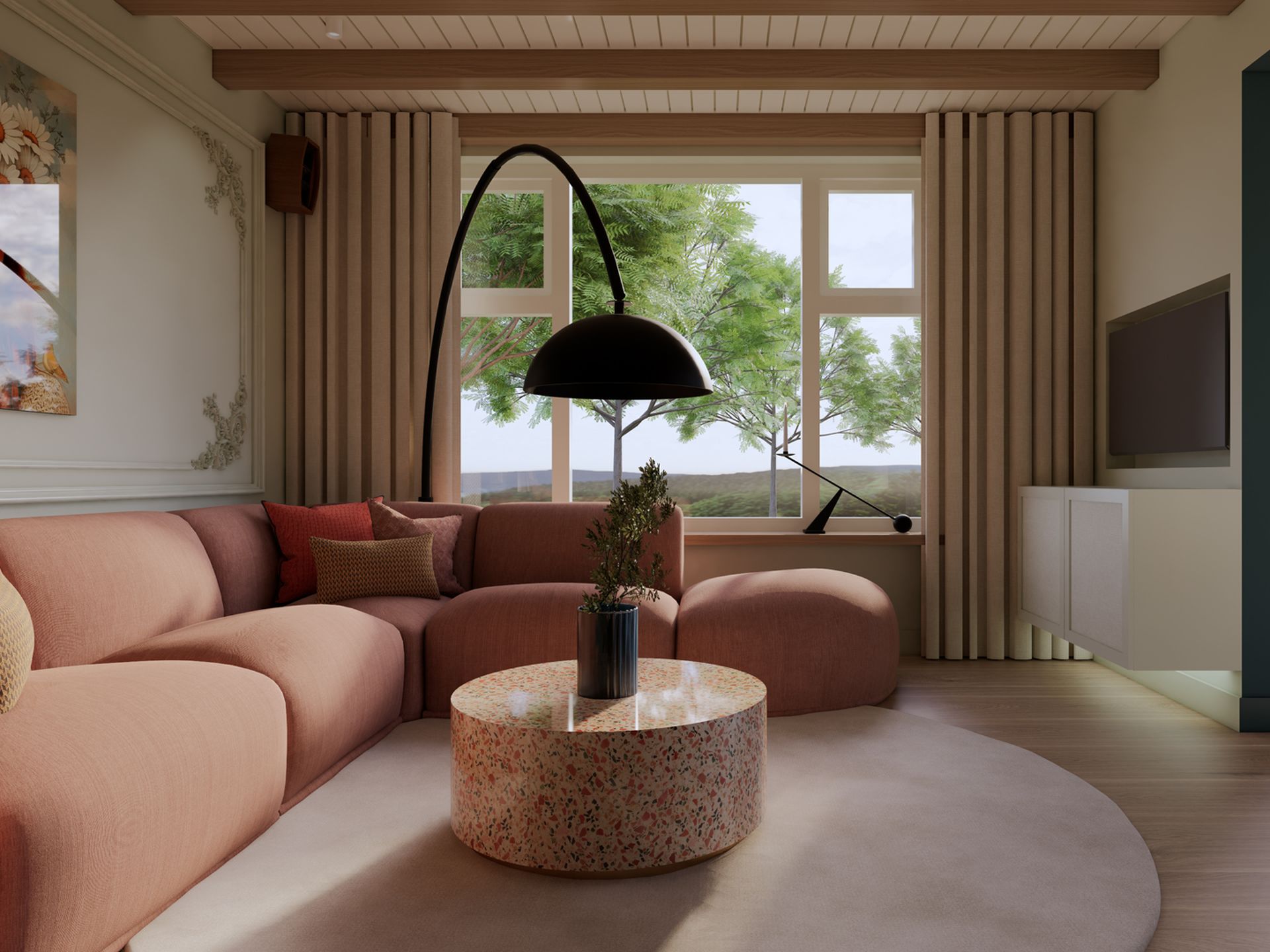 3D render van de woonkamer met roze bank, grote raamwand, zwevend tv-meubel en zicht op de aangrenzende serre.