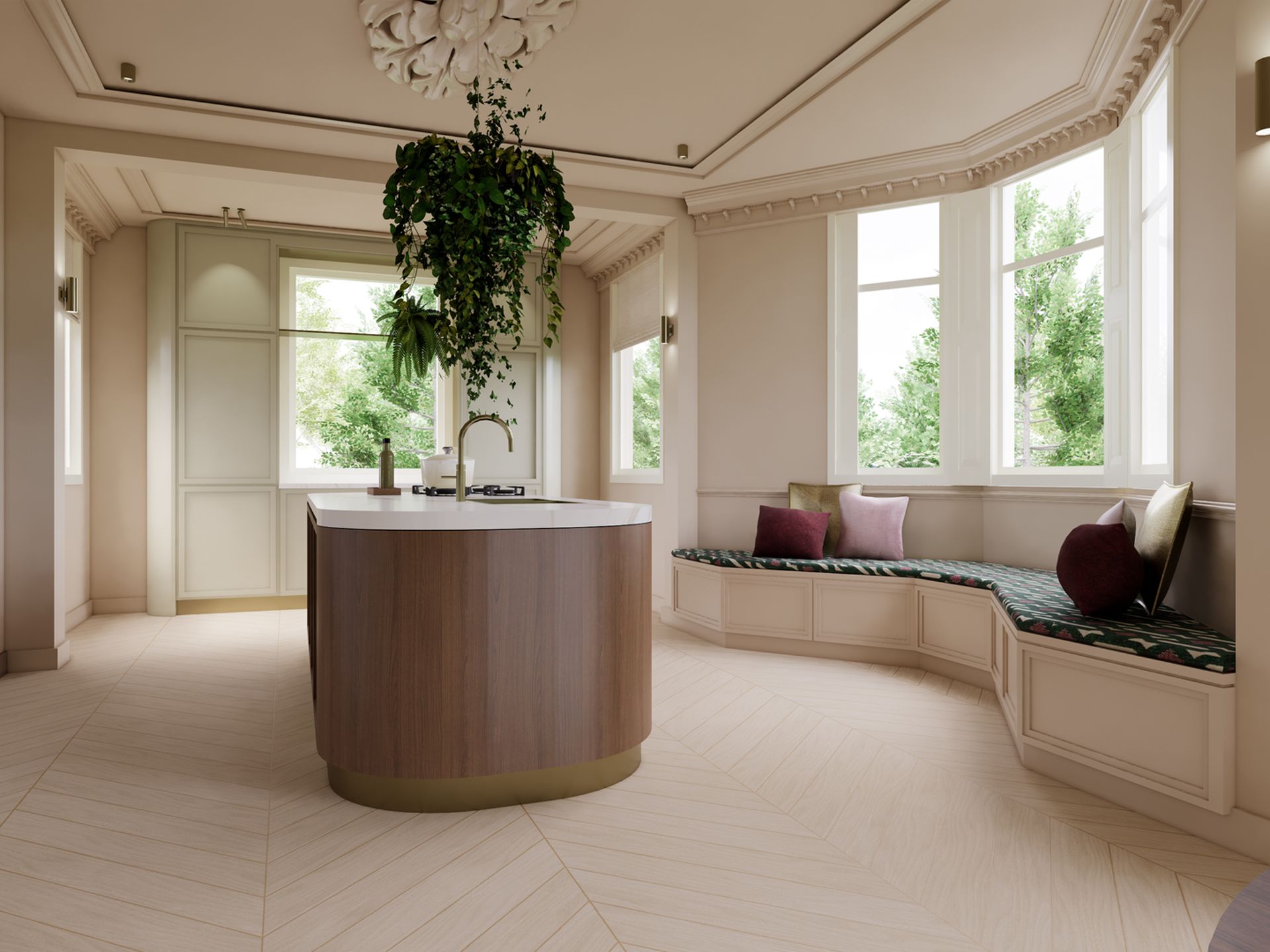 3D render van de keuken met saliegroene kastenwand, walnoothouten kookeiland en maatwerk zitbank in de erker.