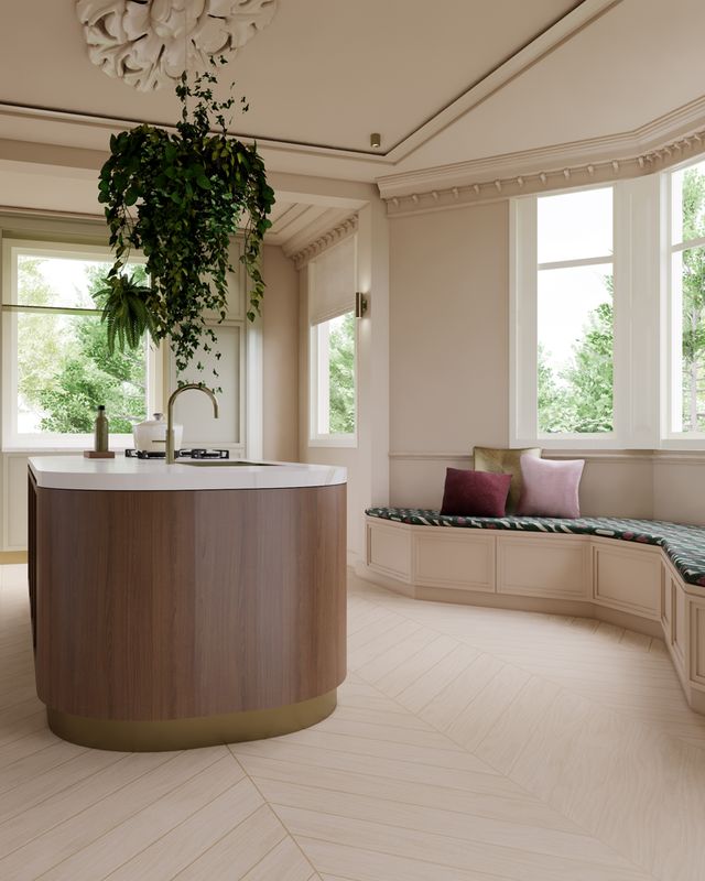3D render van de keuken met saliegroene kastenwand, walnoothouten kookeiland en maatwerk zitbank in de erker.