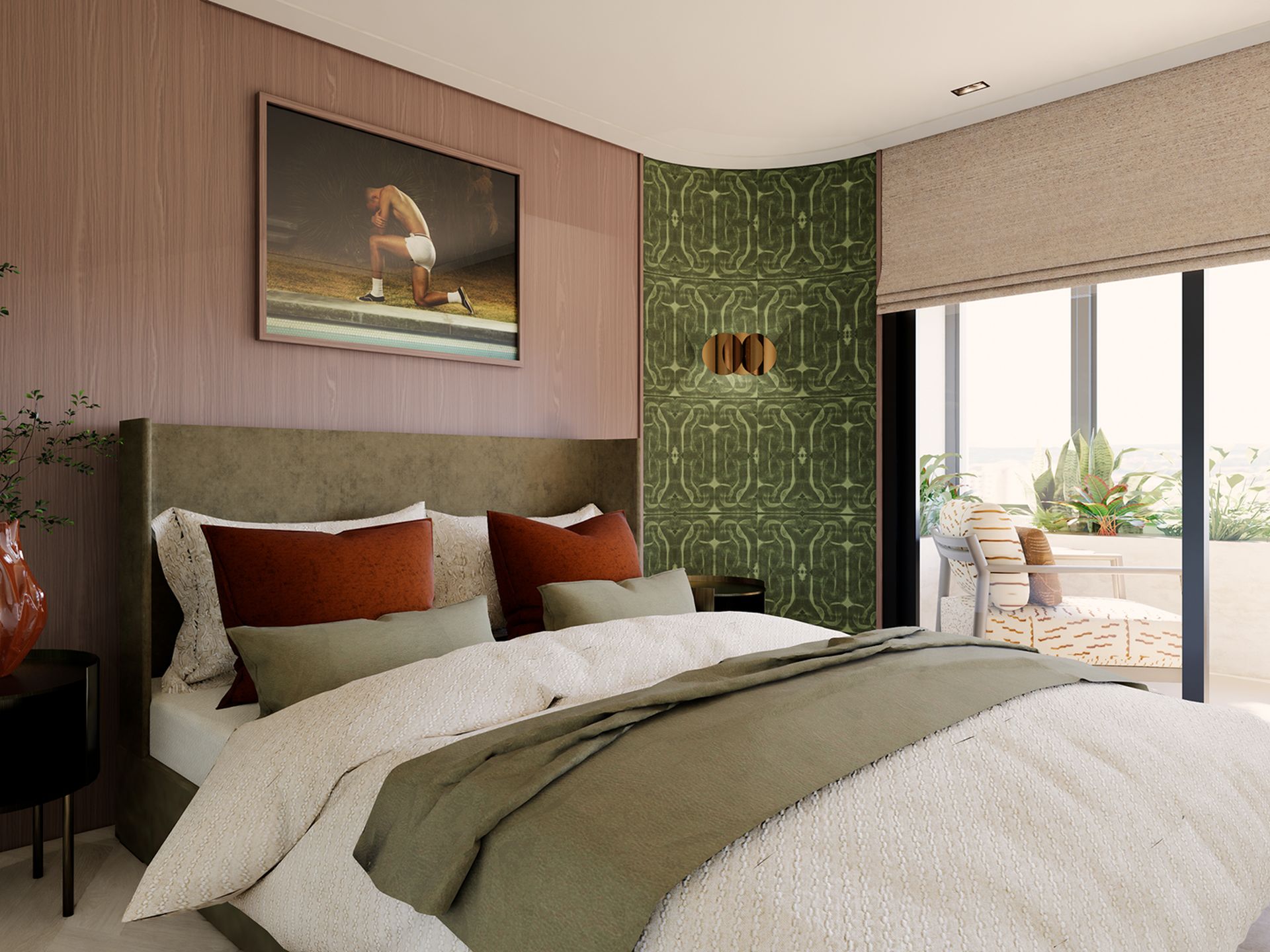 3D visualisatie van de slaapkamer met groen dessinbehang, notenhout, zachte texturen en uitzicht richting de loggia.