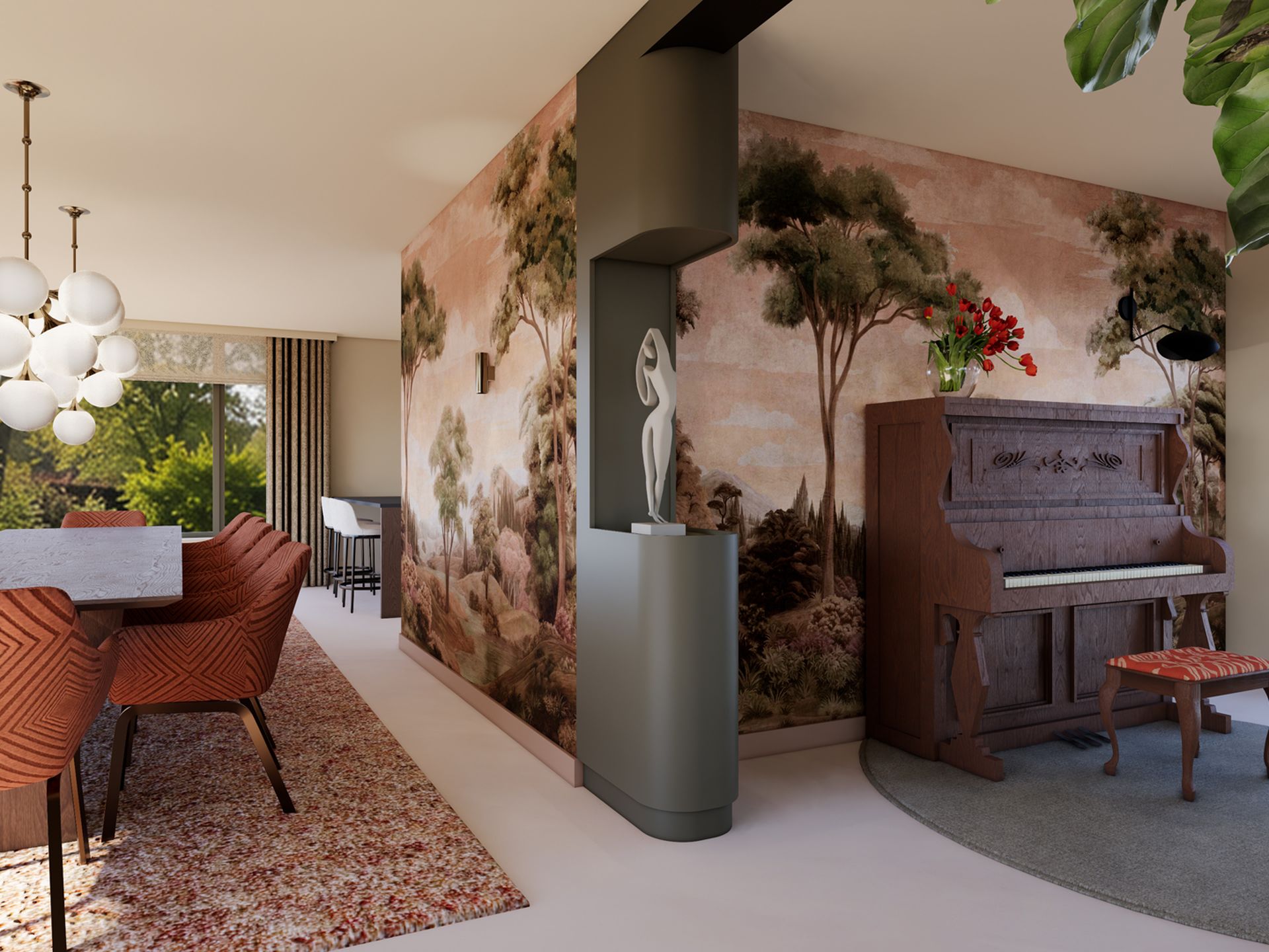 Render van de royale eetkamer en pianosalon met lange eettafel, warme stoelen, landschappelijke wandafwerking en piano.