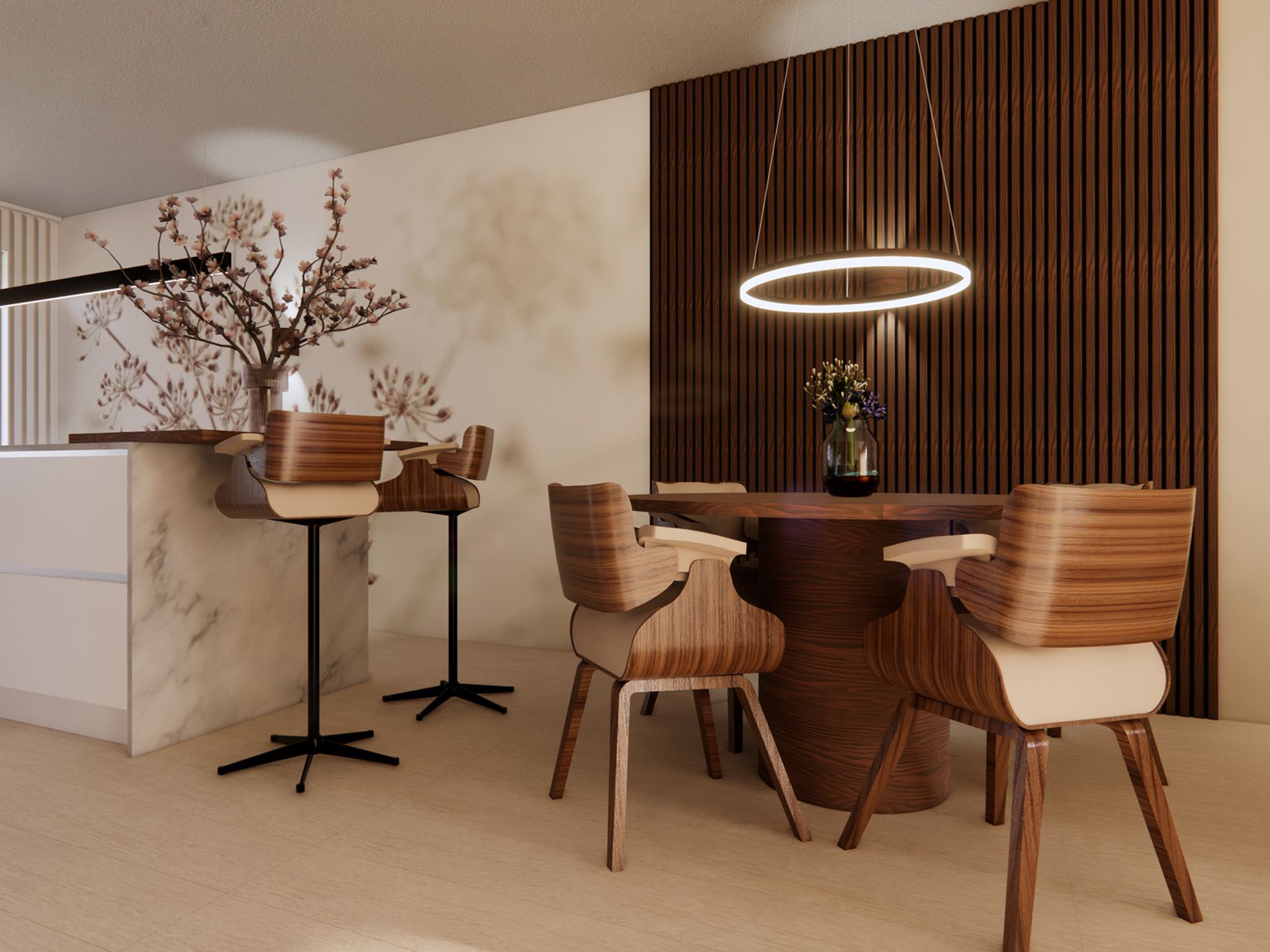 Eethoek naast de woonkeuken met houten tafel, gestoffeerde stoelen, lattenwand en ronde hanglamp.