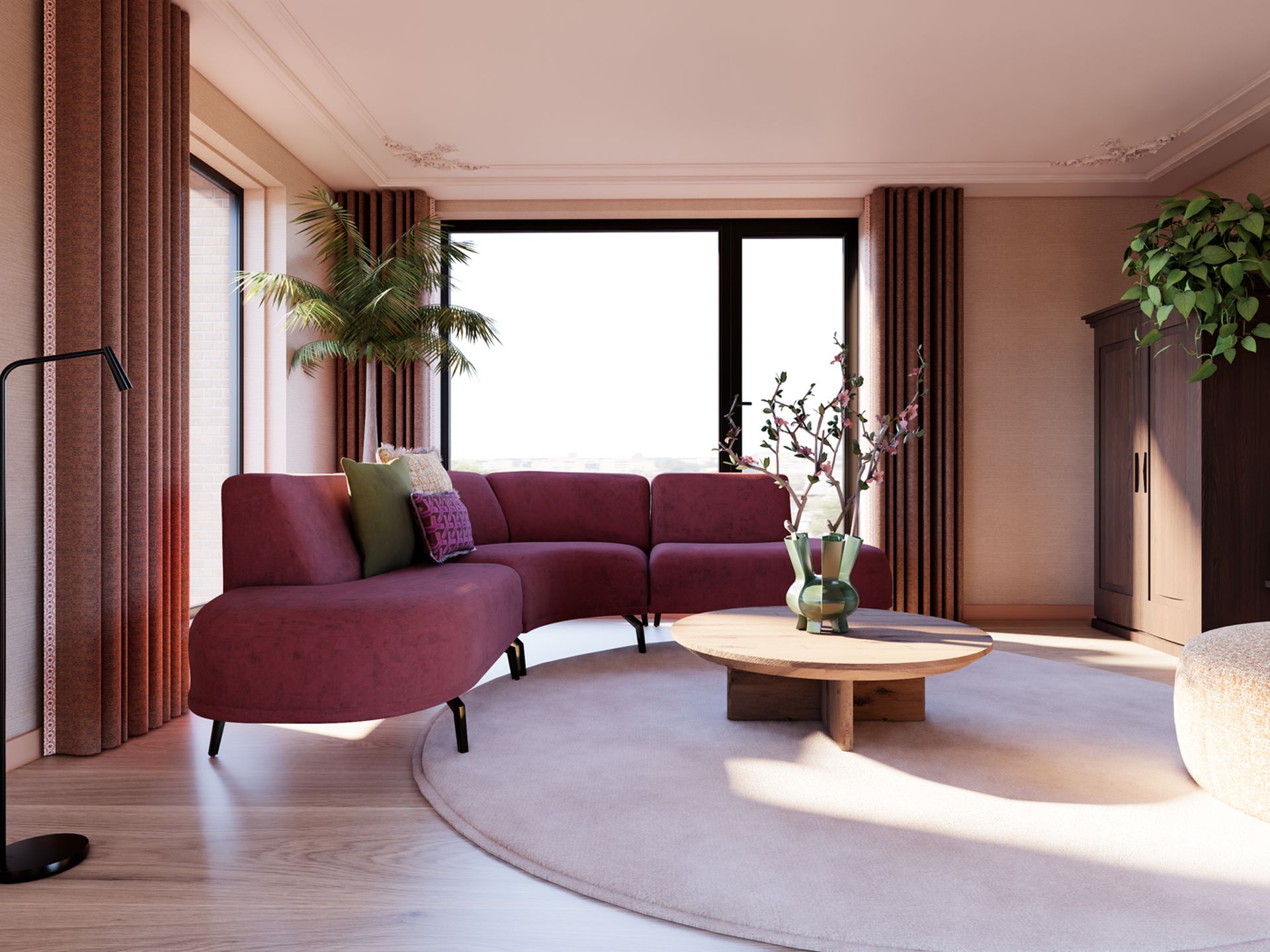 3D visualisatie van een warme woonkamer in Amsterdam met ronde bank, blush tinten, grote ramen en zachte texturen.