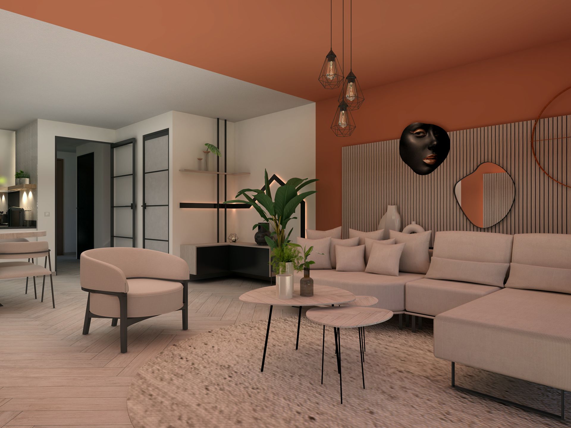 3D visualisatie van een warme woonkamer met organische hoekbank, akoestische wandbekleding en terracottakleurige colourblocking.