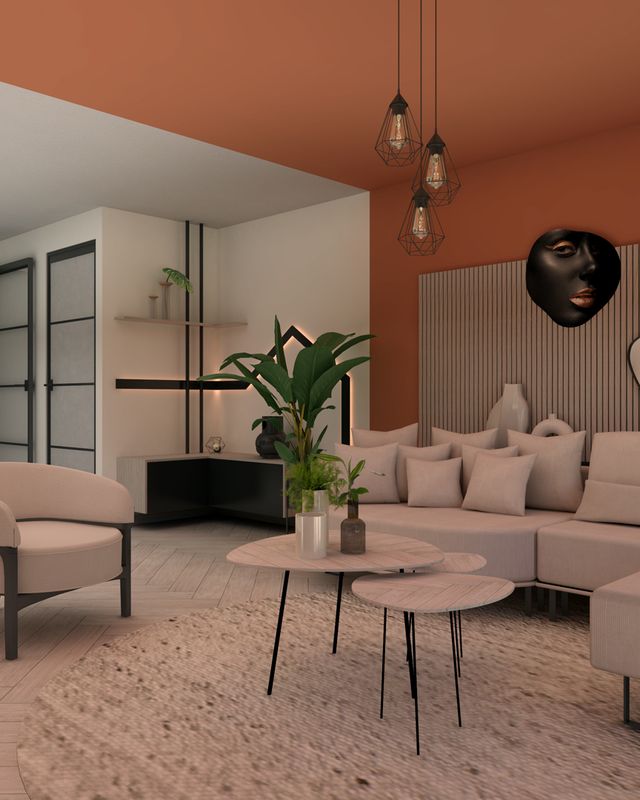 3D visualisatie van een warme woonkamer met organische hoekbank, akoestische wandbekleding en terracottakleurige colourblocking.