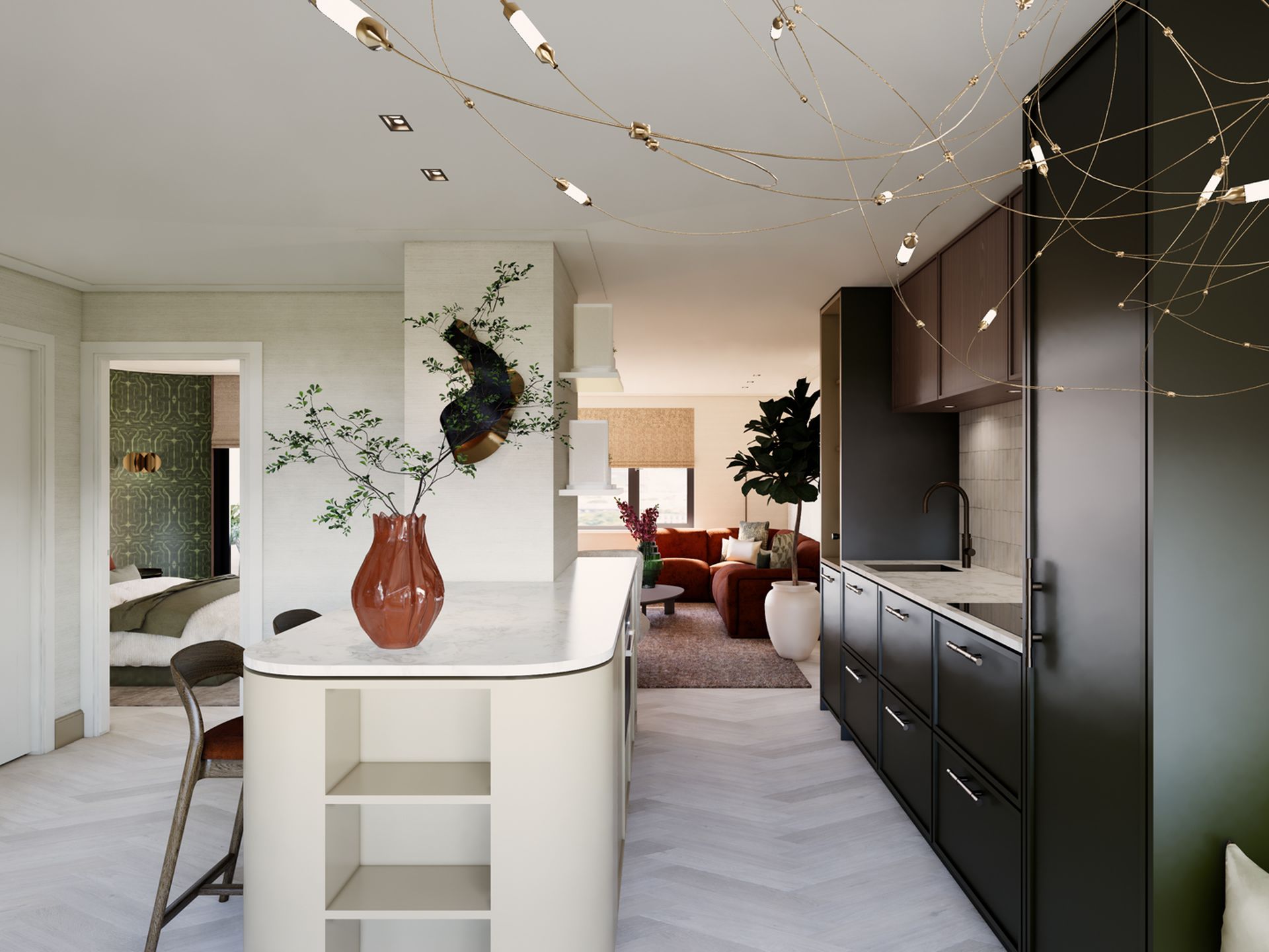 3D visualisatie van keuken en leefruimte met kookeiland, donkere kastenwand en zicht op de woonkamer, ontworpen door Studio Nathalie Samson en gevisualiseerd door STOERR.