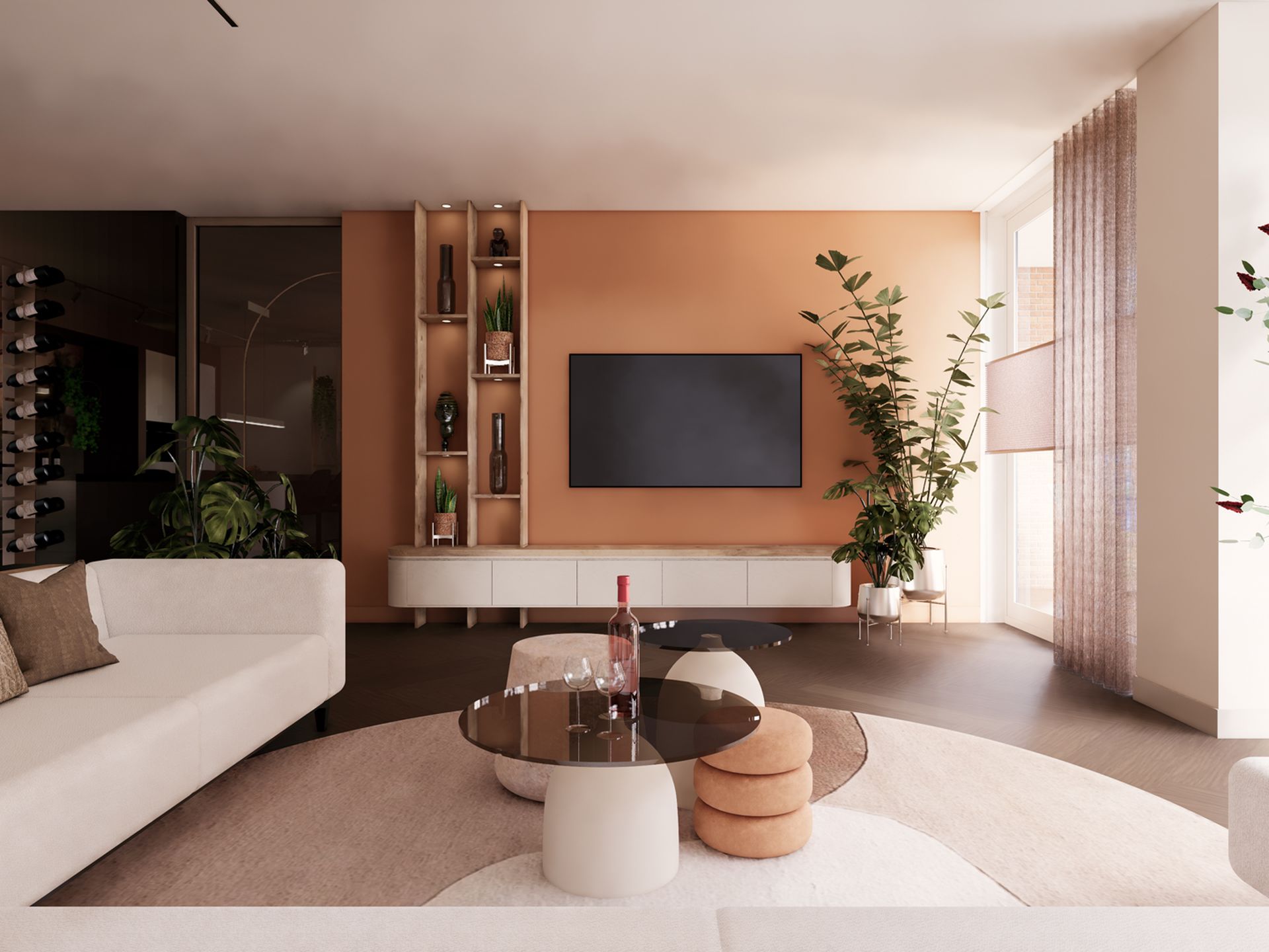 Interieurontwerp met terracottakleurige tv-wand, zwevend maatwerkmeubel, planten en zicht richting de keuken.