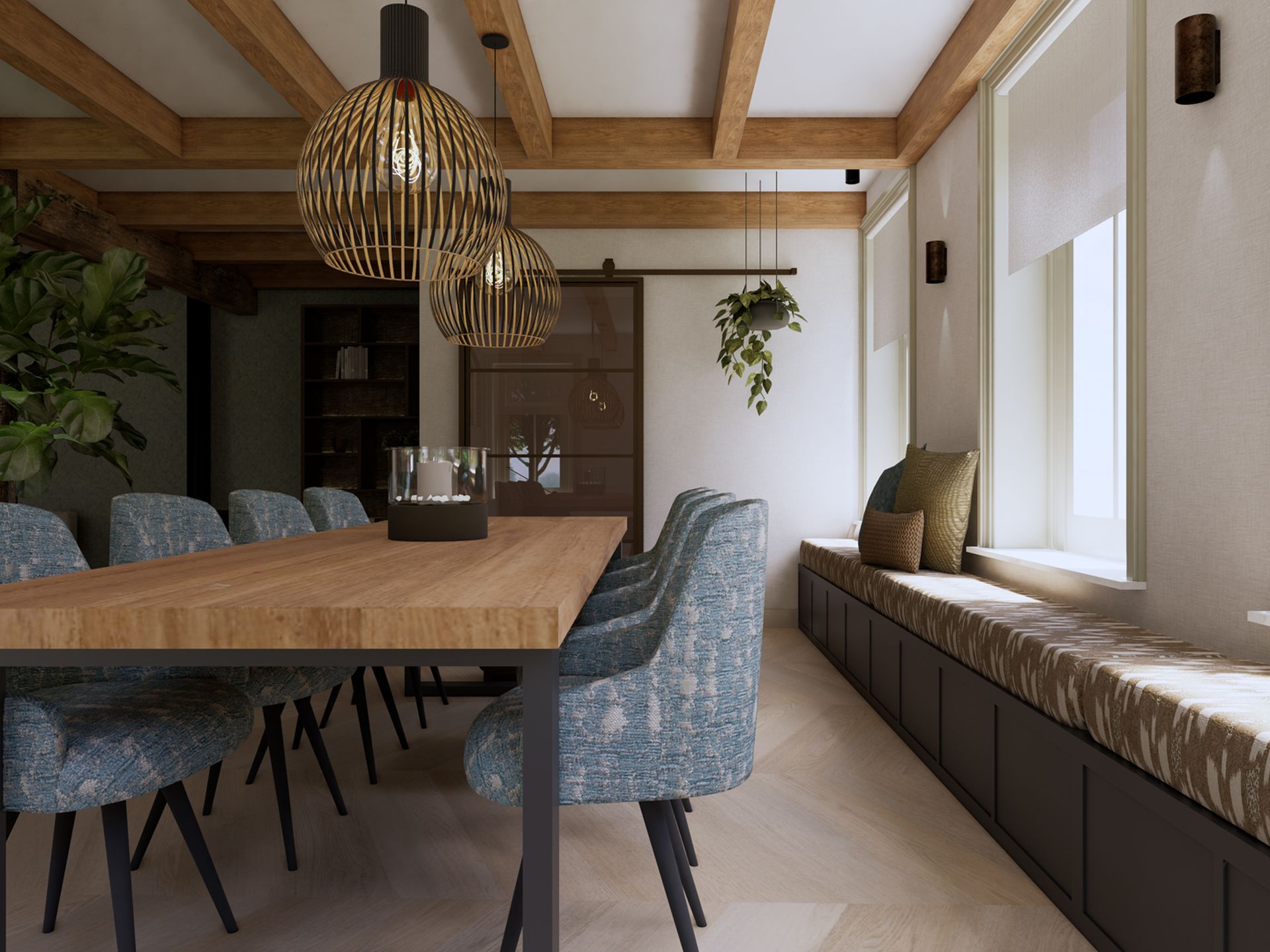 Render van de eetkamer met rotan hanglampen, blauwe eetkamerstoelen, raambank en zachte lichtinval.