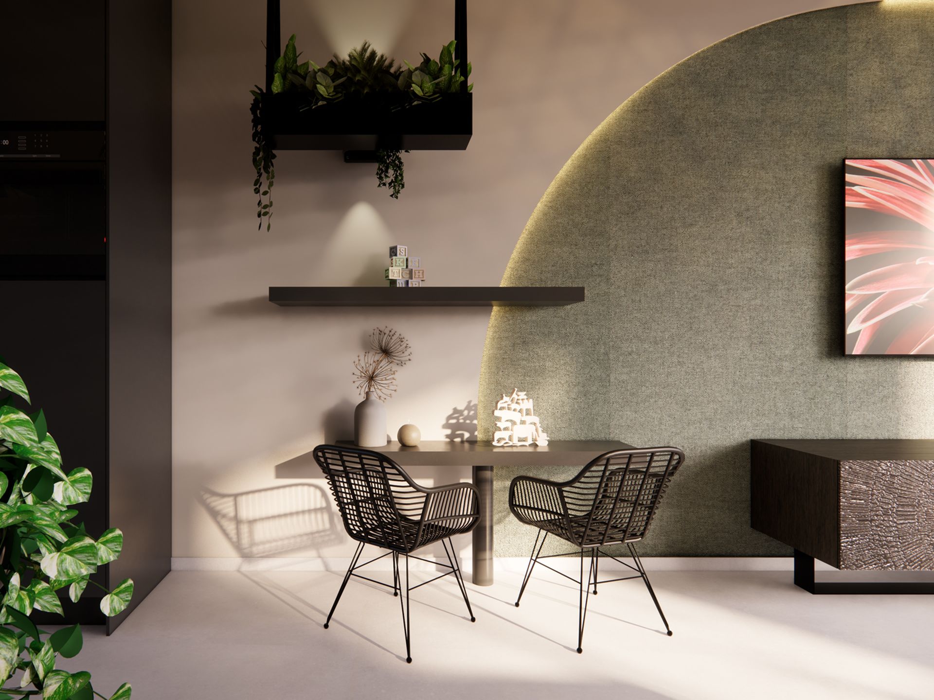Interieurdetail van de werkhoek en tv-wand met planten, wandplank, groene wand en bloemkunst.