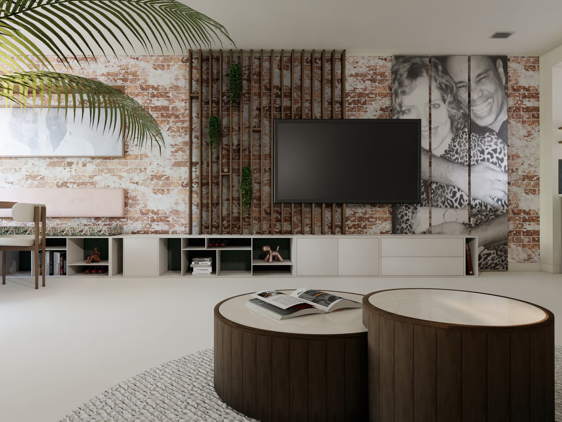 Interieurontwerp met maatwerkwand, houten latten, bakstenen wand, tv en barhoek in Dorpswoning Dinteloord.