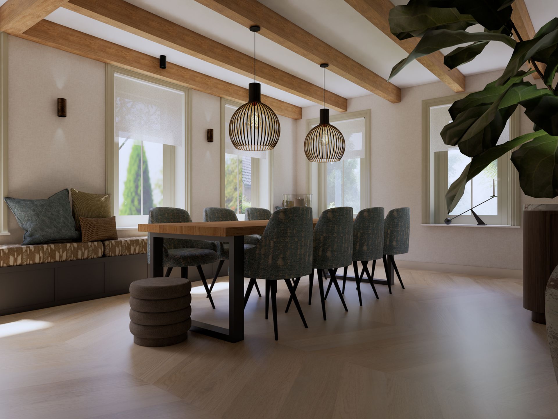 Render van de eetkamer met lange houten tafel, blauwe stoelen, raambank en houten balkenplafond.