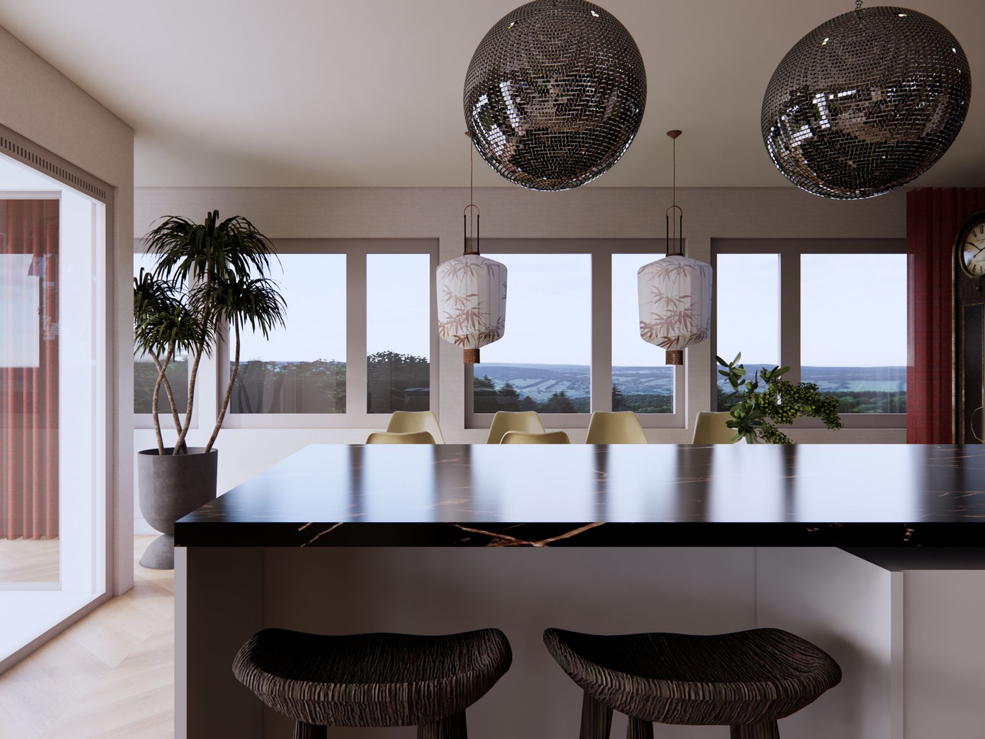 Render van de keuken met donker kookeiland, discobol-hanglampen, lichte vloer en uitzicht over Scheveningen.