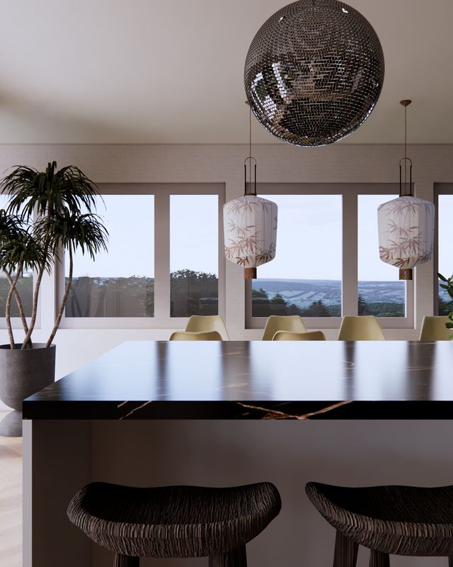 Render van de keuken met donker kookeiland, discobol-hanglampen, lichte vloer en uitzicht over Scheveningen.