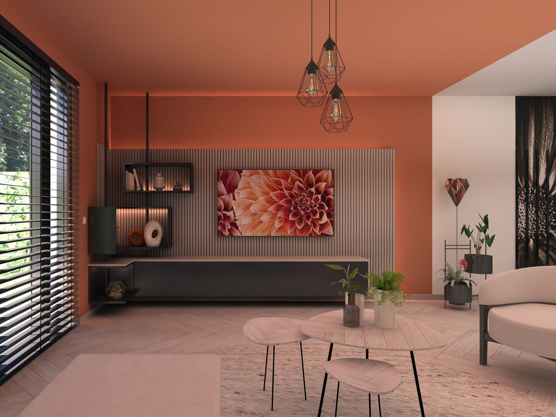 Maatwerkwand met televisie, houten latten, zwarte kasten en geïntegreerde sfeerverlichting in een nieuwbouwwoning.