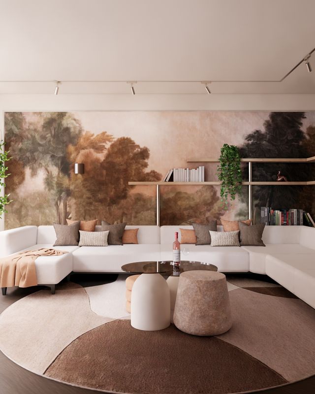 3D visualisatie van een warme woonkamer met grote U-bank, organisch vloerkleed, fotobehang en open maatwerkkast.