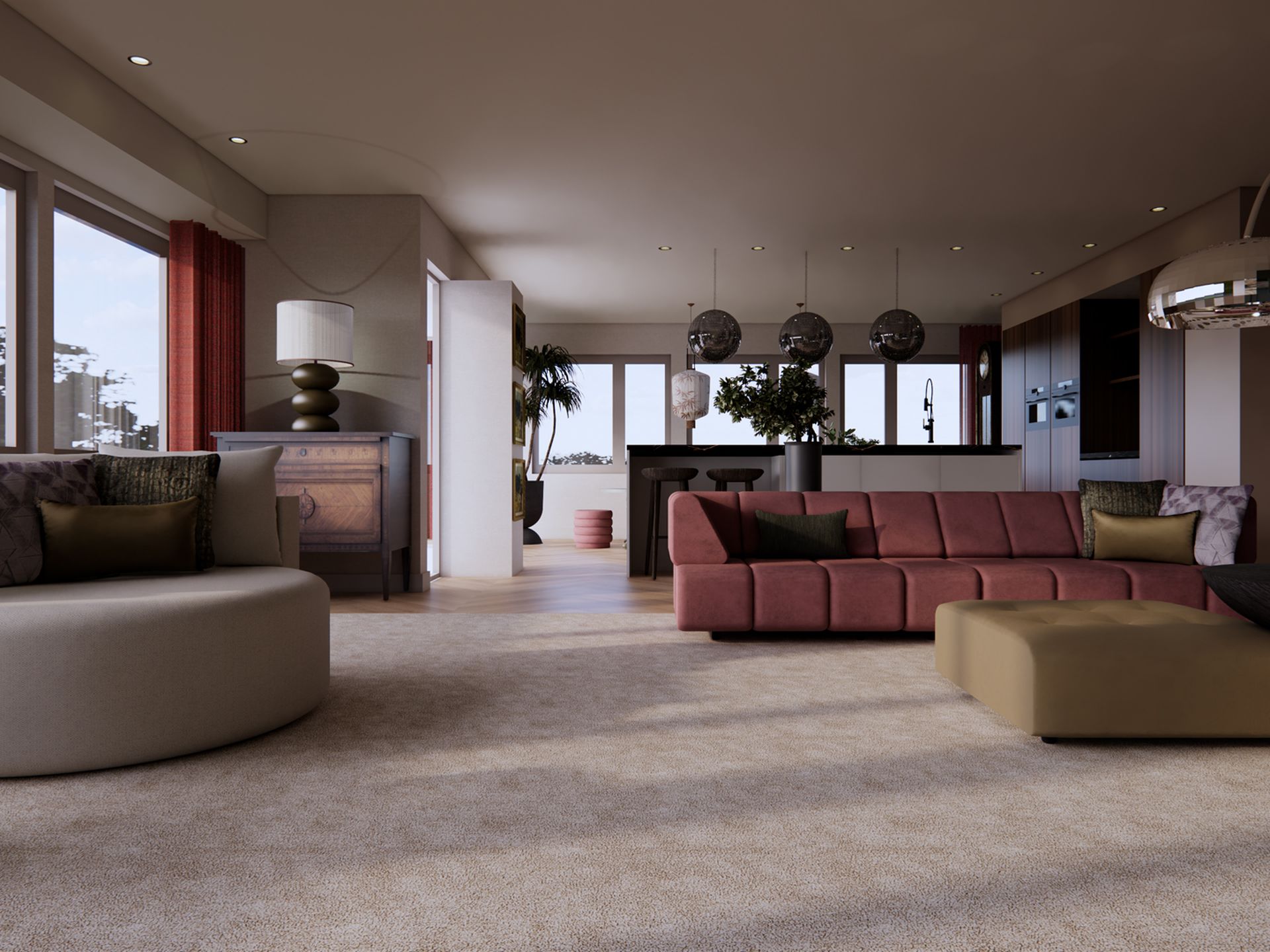 3D visualisatie van een open loft in Scheveningen met zithoek, keuken, eetgedeelte en warme materialen, ontworpen door Studio Nathalie Samson en gevisualiseerd door STOERR.
