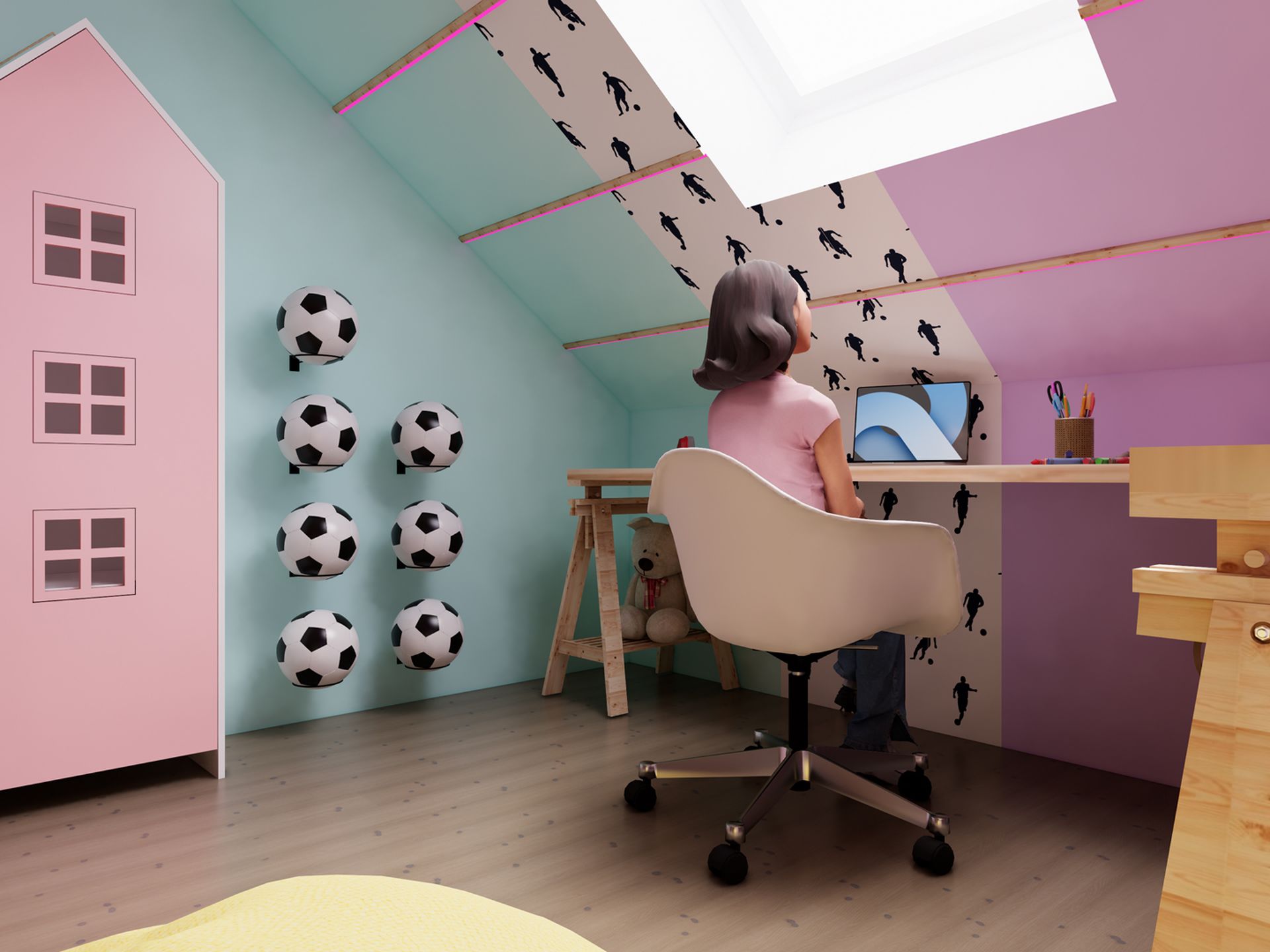 Studieplek met een zittende tiener, huisvormige kasten en een wand met voetbalpatroon en voetbalopslag.