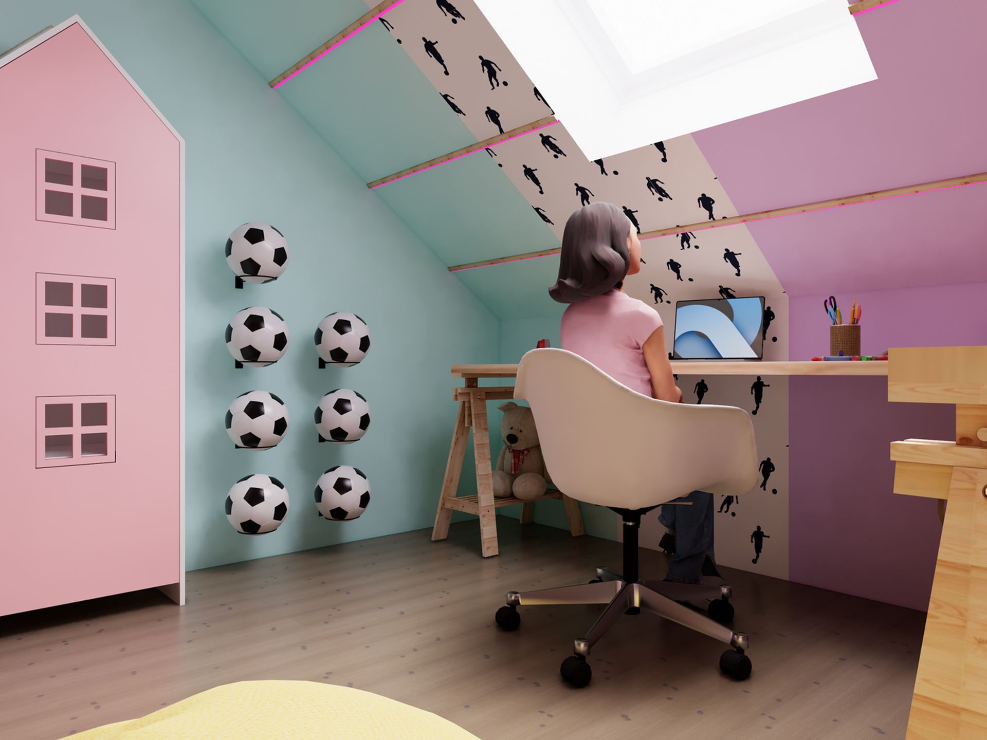 3D-visualisatie van de studieplek in de Feyenoord-tienerkamer in Zuidland met lang bureau, voetbaldecoratie, roze kast en speelse kleurvlakken onder het schuine dak.