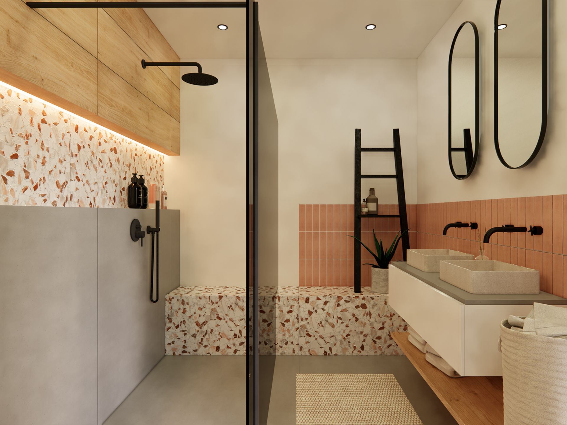 3D-visualisatie van de badkamer met dubbele wastafel, inloopdouche, terrazzo zitbank, roze wandtegels en zwarte kranen.