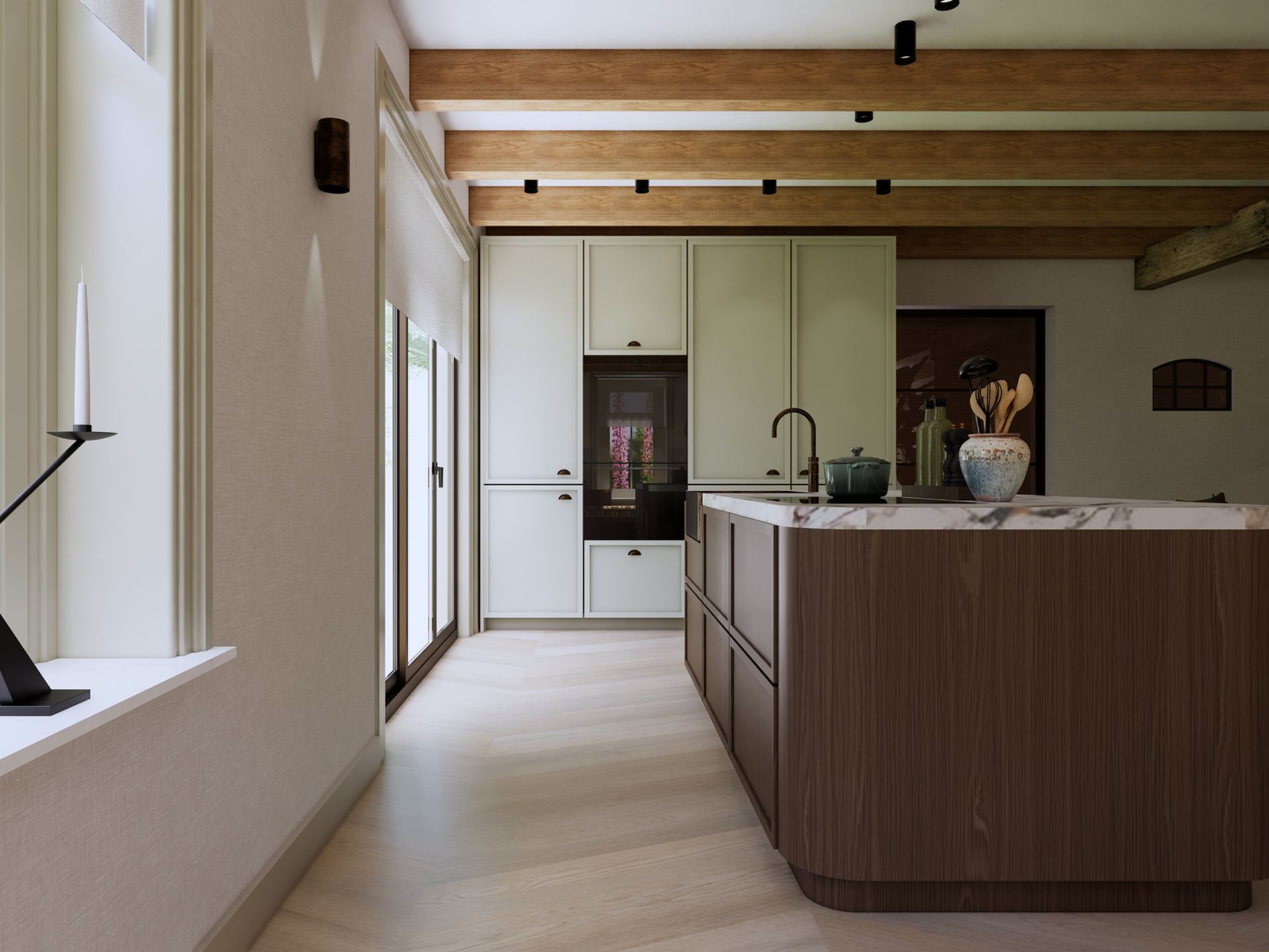 3D visualisatie van de keuken met lichtgroene kastenwand, houten kookeiland, marmerlook blad en zicht naar de leefruimte.