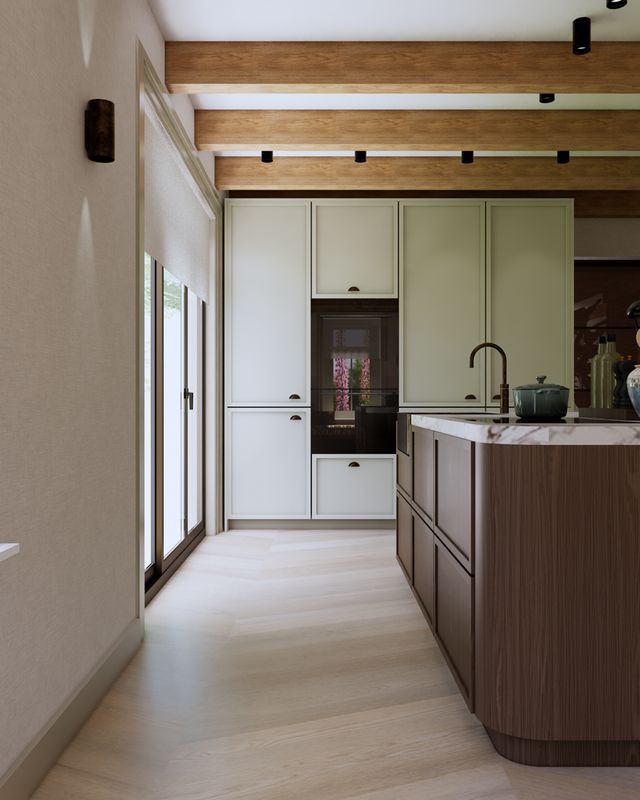 3D visualisatie van de keuken met lichtgroene kastenwand, houten kookeiland, marmerlook blad en zicht naar de leefruimte.