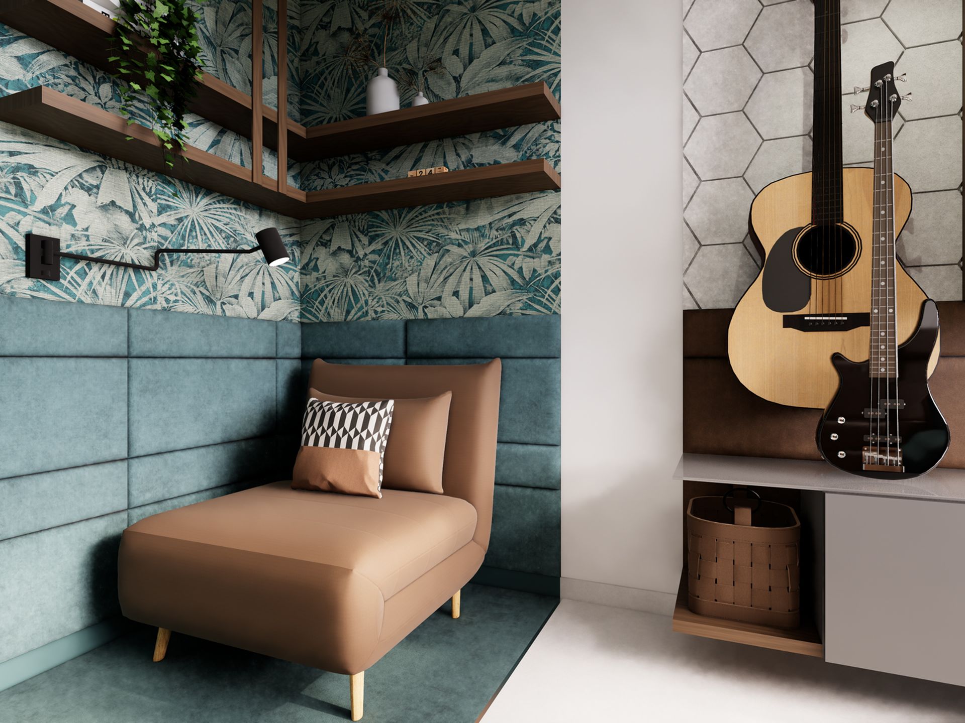 Logeerhoek met slaapfauteuil, teal akoestische wandpanelen, botanisch behang van Arte en geïntegreerde wandverlichting.