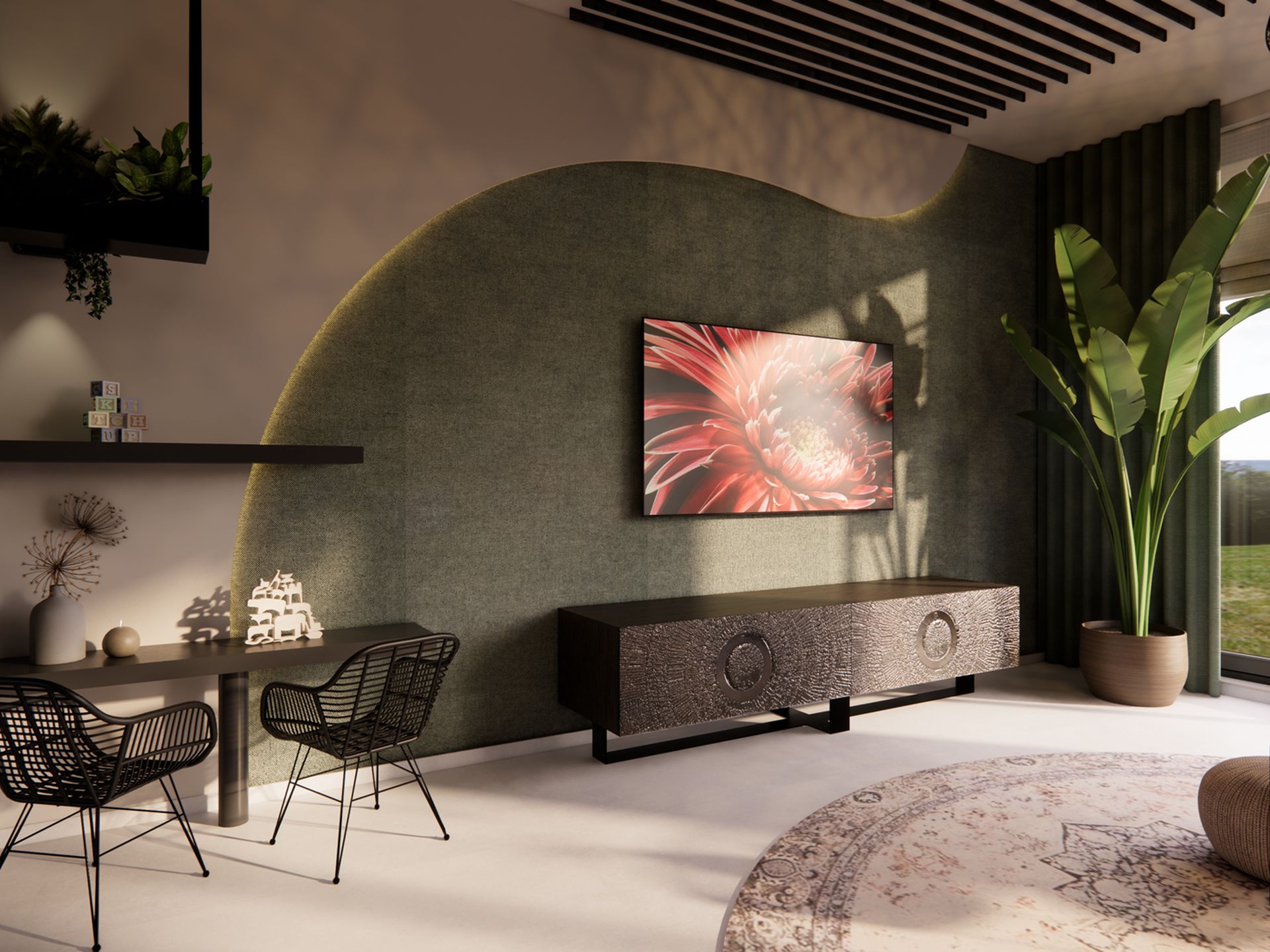 Detail van de TVhoek met groene accentwand, hangplanten, wandplanken en rustig maatwerk in de woonkamer.