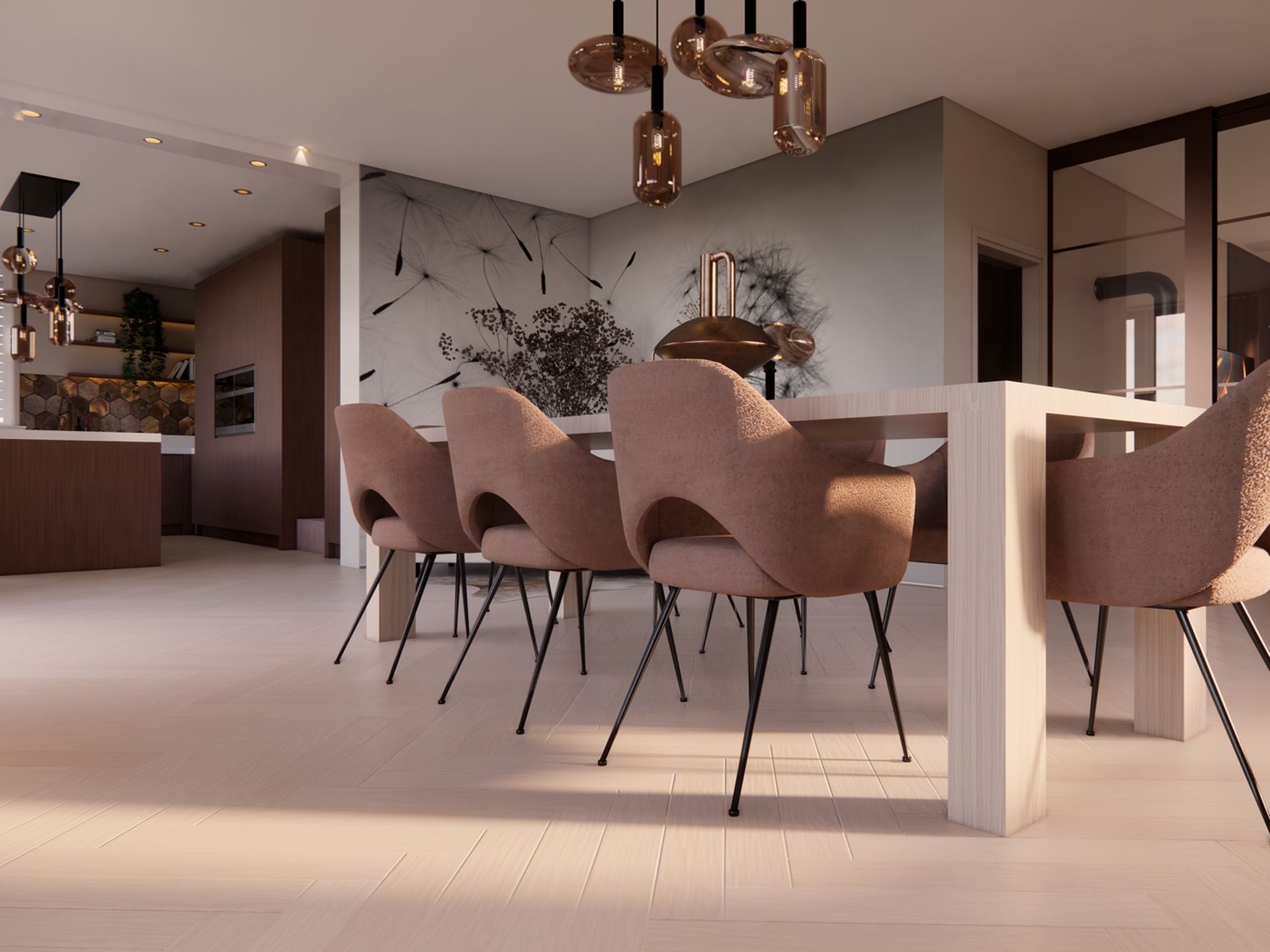 Interieurontwerp van de eetruimte met royale tafel, zachte stoelen, zicht op de keuken en glazen wand.