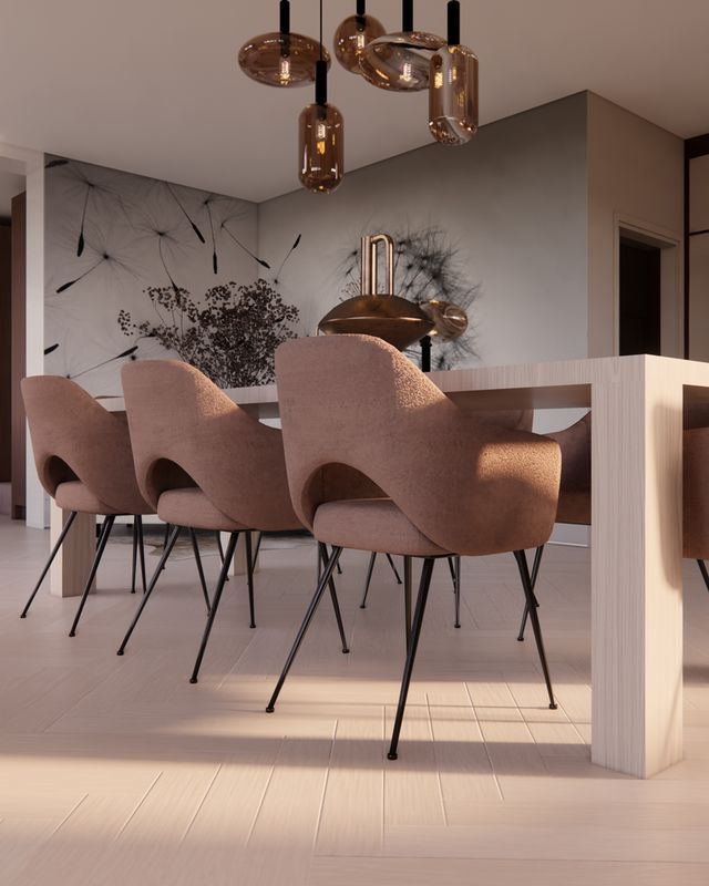 Interieurontwerp van de eetruimte met royale tafel, zachte stoelen, zicht op de keuken en glazen wand.