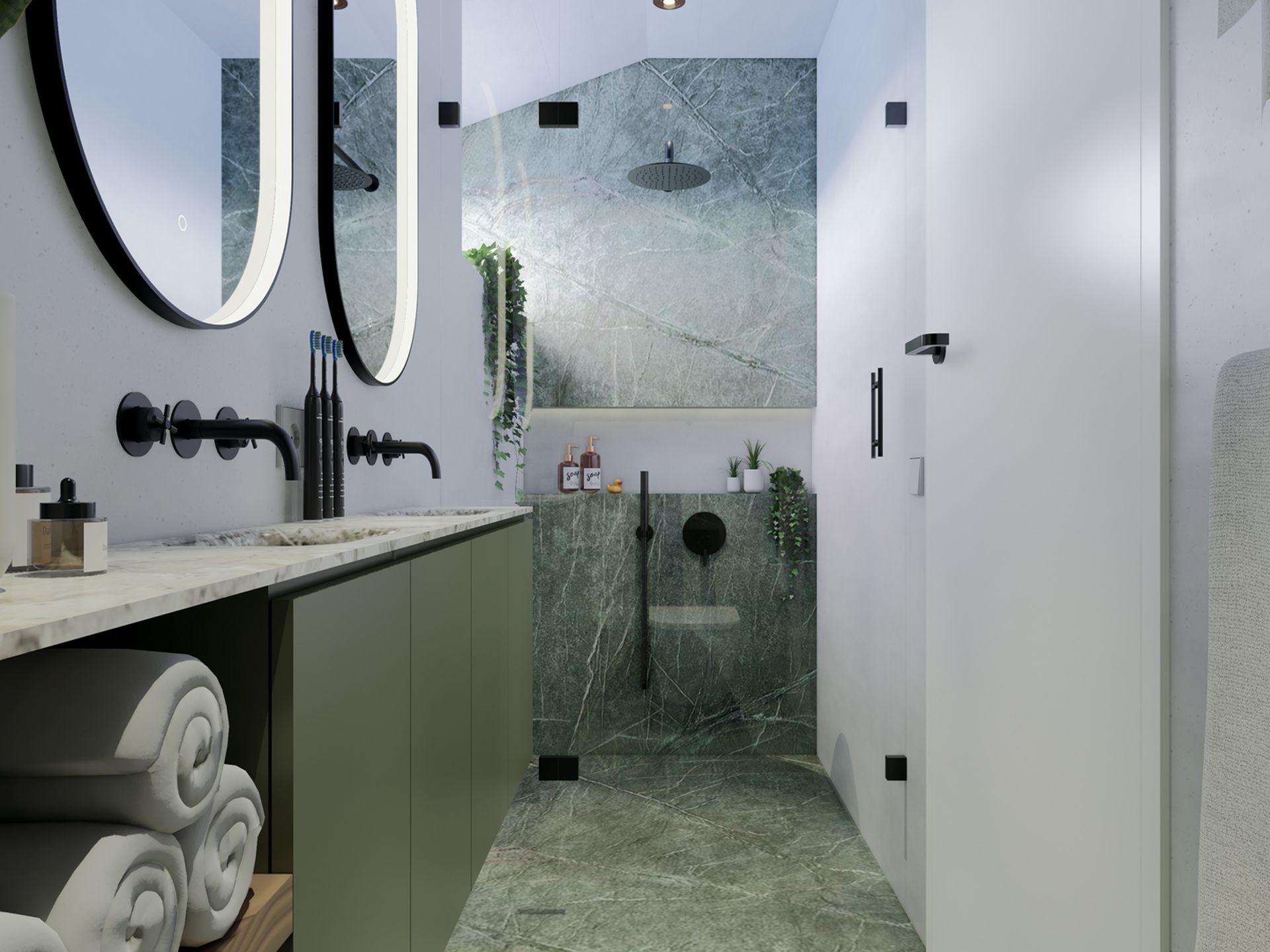 3D visualisatie van een smalle badkamer in Heerjansdam met groen wastafelmeubel en douchezone achterin.