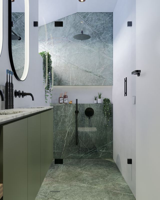 3D visualisatie van een smalle badkamer in Heerjansdam met groen wastafelmeubel en douchezone achterin.