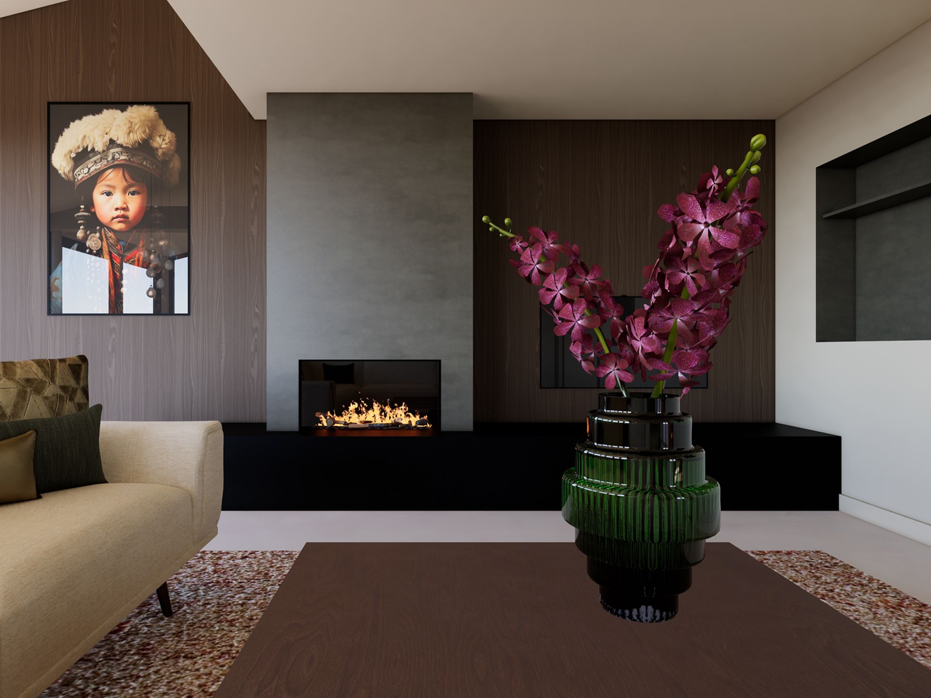 Detailrender van de haardwand met houten maatwerk, betonnen haardpartij, bank, kunstwerk en groene vaas met bloemen.