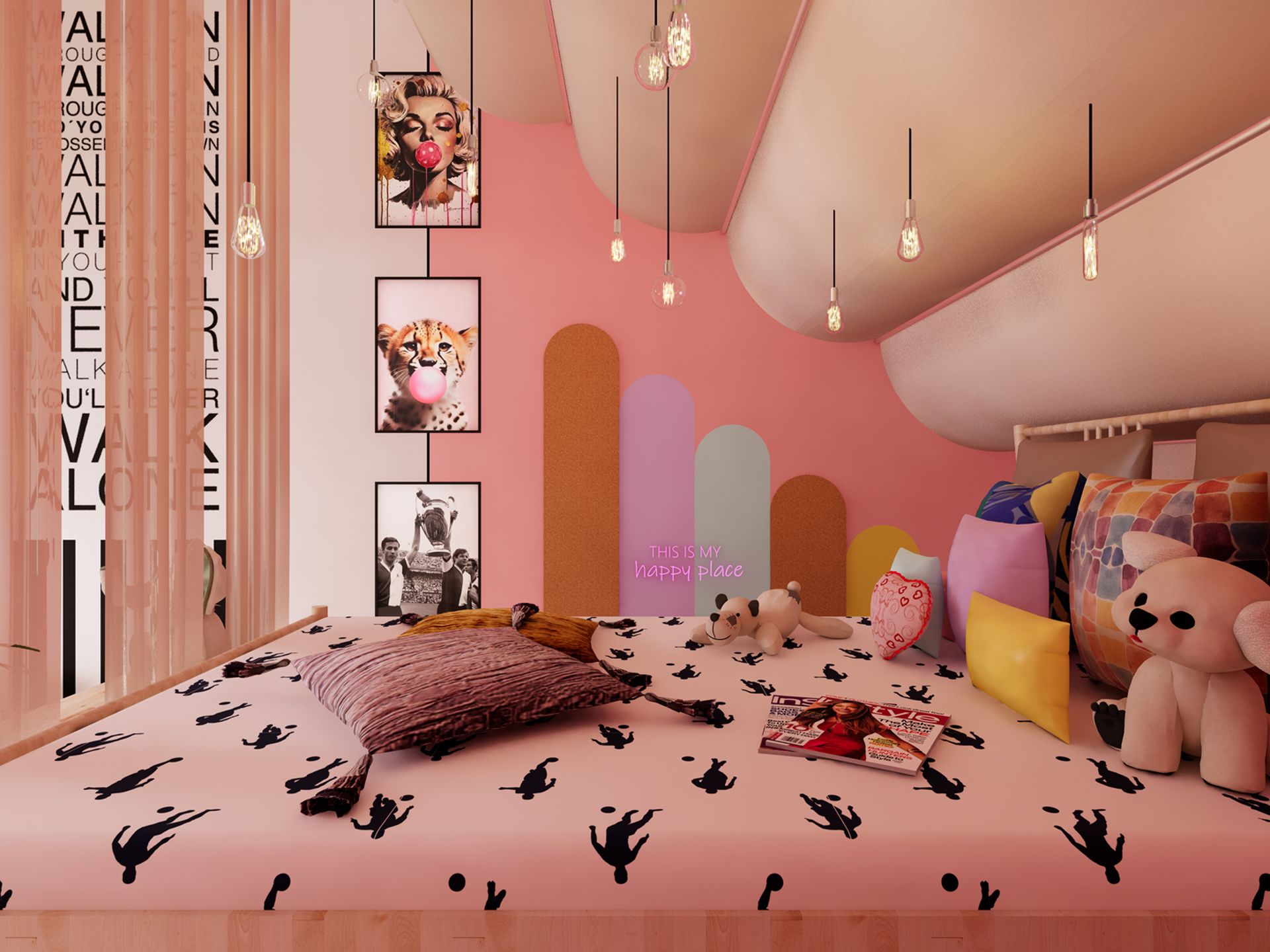 3D-visualisatie van de slaapzone in de Feyenoord-tienerkamer in Zuidland met roze bed, speelse wandvormen, hanglampen en transparante gordijnen.