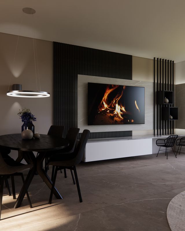 3D visualisatie van de open woonkamer en eetruimte met taupetinten, donkere wandlatten en een grote raampartij in Proeftuin Erasmusveld.