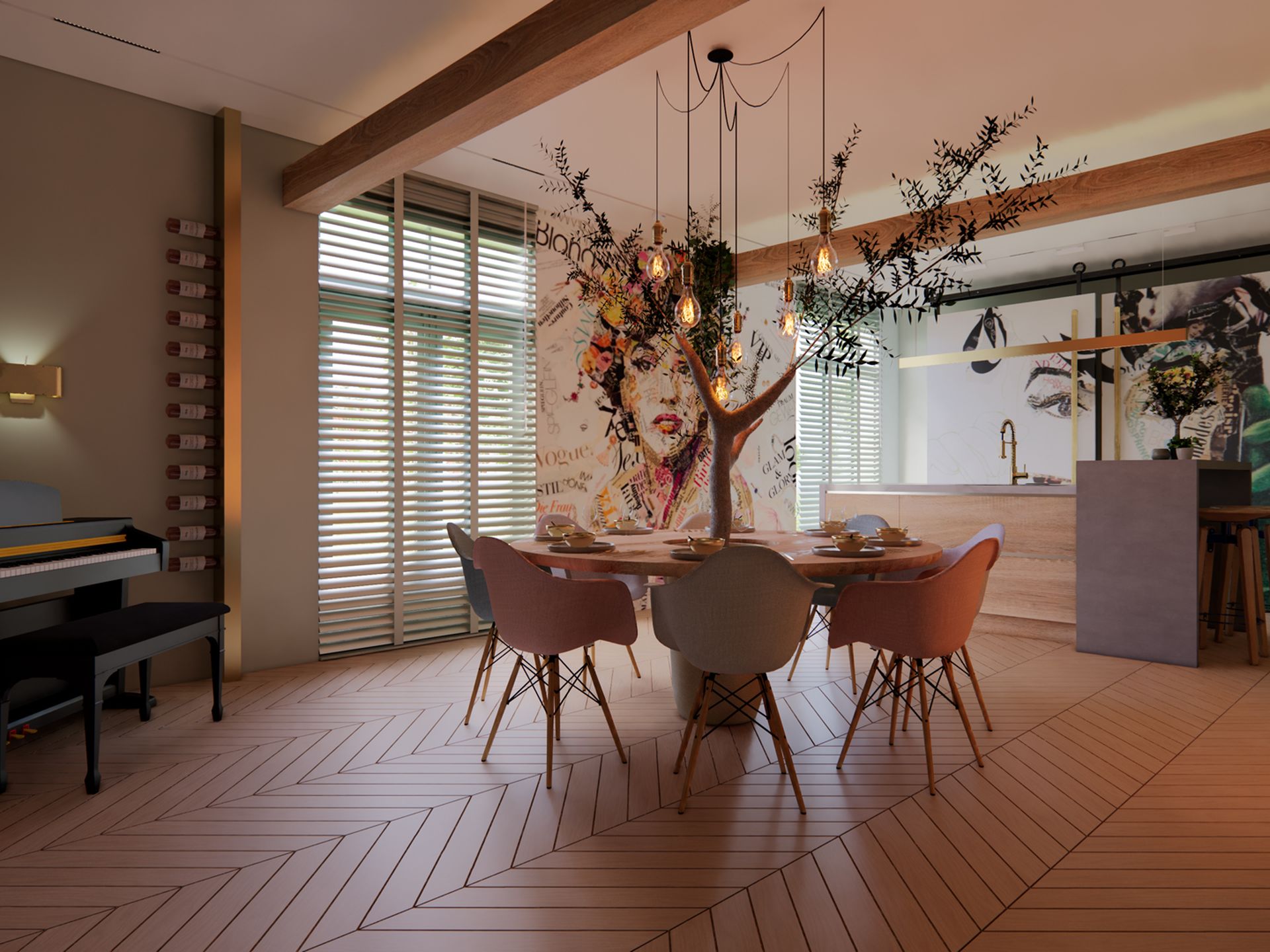 3D visualisatie van een ruime woonkeuken in Oudenhoorn met houten eettafel, geïntegreerde boom, piano en open keuken.