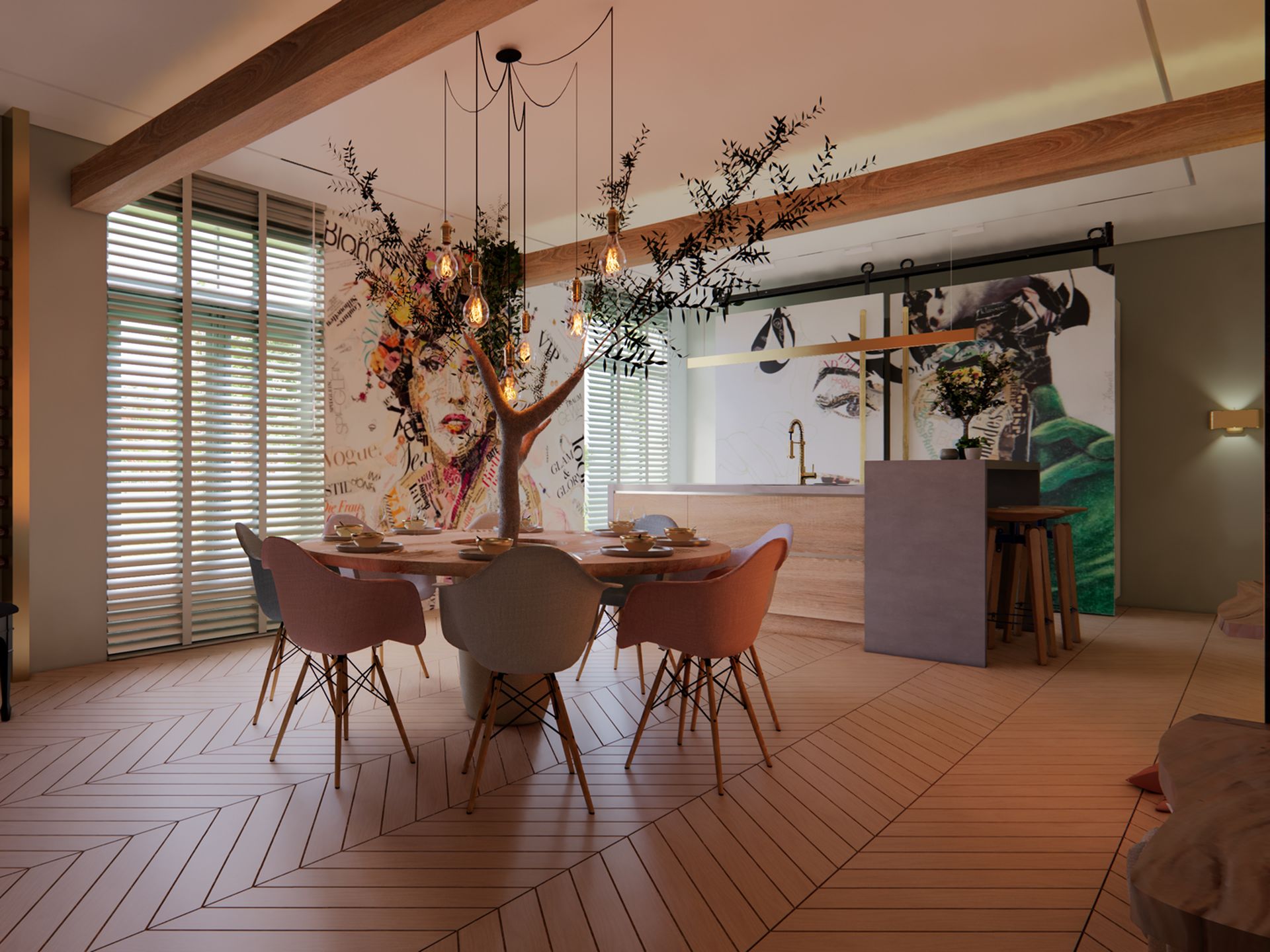 3D visualisatie van een ruime woonkeuken in Oudenhoorn met houten eettafel, geïntegreerde boom, piano en open keuken.