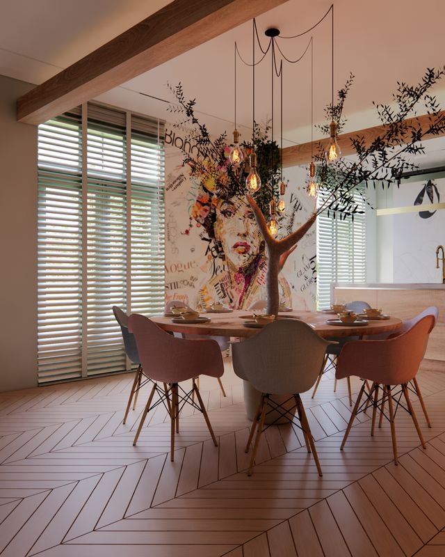 3D visualisatie van een ruime woonkeuken in Oudenhoorn met houten eettafel, geïntegreerde boom, piano en open keuken.