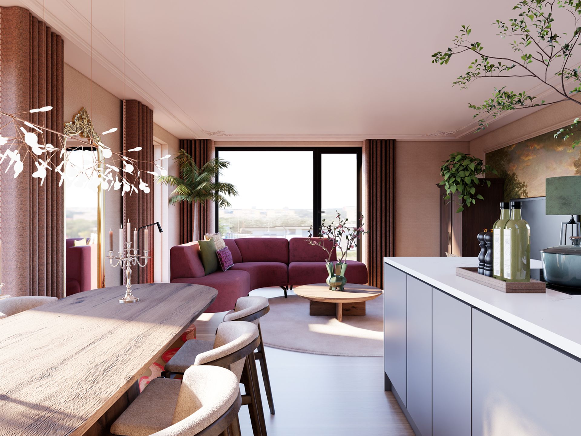 Interieurvisualisatie van een open appartement met keuken, eethoek en woonkamer, ontworpen door Studio Nathalie Samson en gevisualiseerd door STOERR.