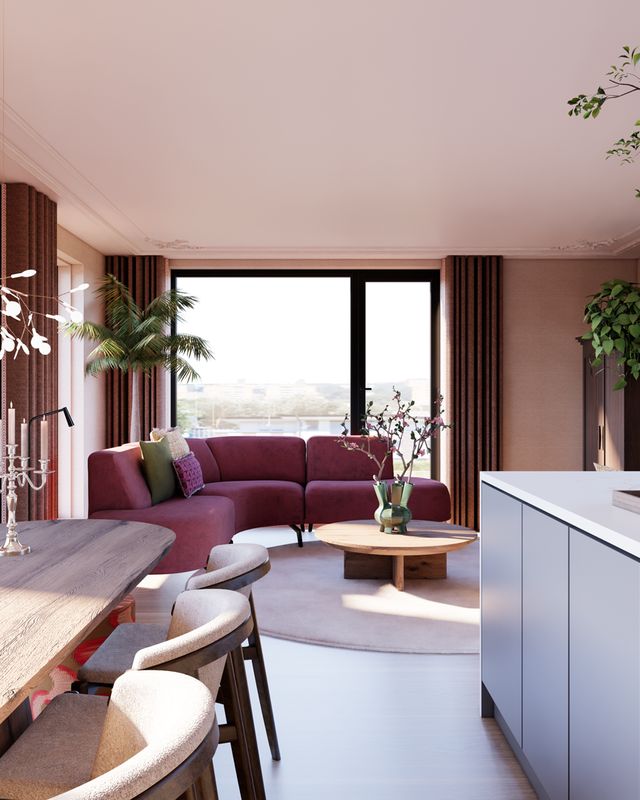 Interieurvisualisatie van een open appartement met keuken, eethoek en woonkamer, ontworpen door Studio Nathalie Samson en gevisualiseerd door STOERR.