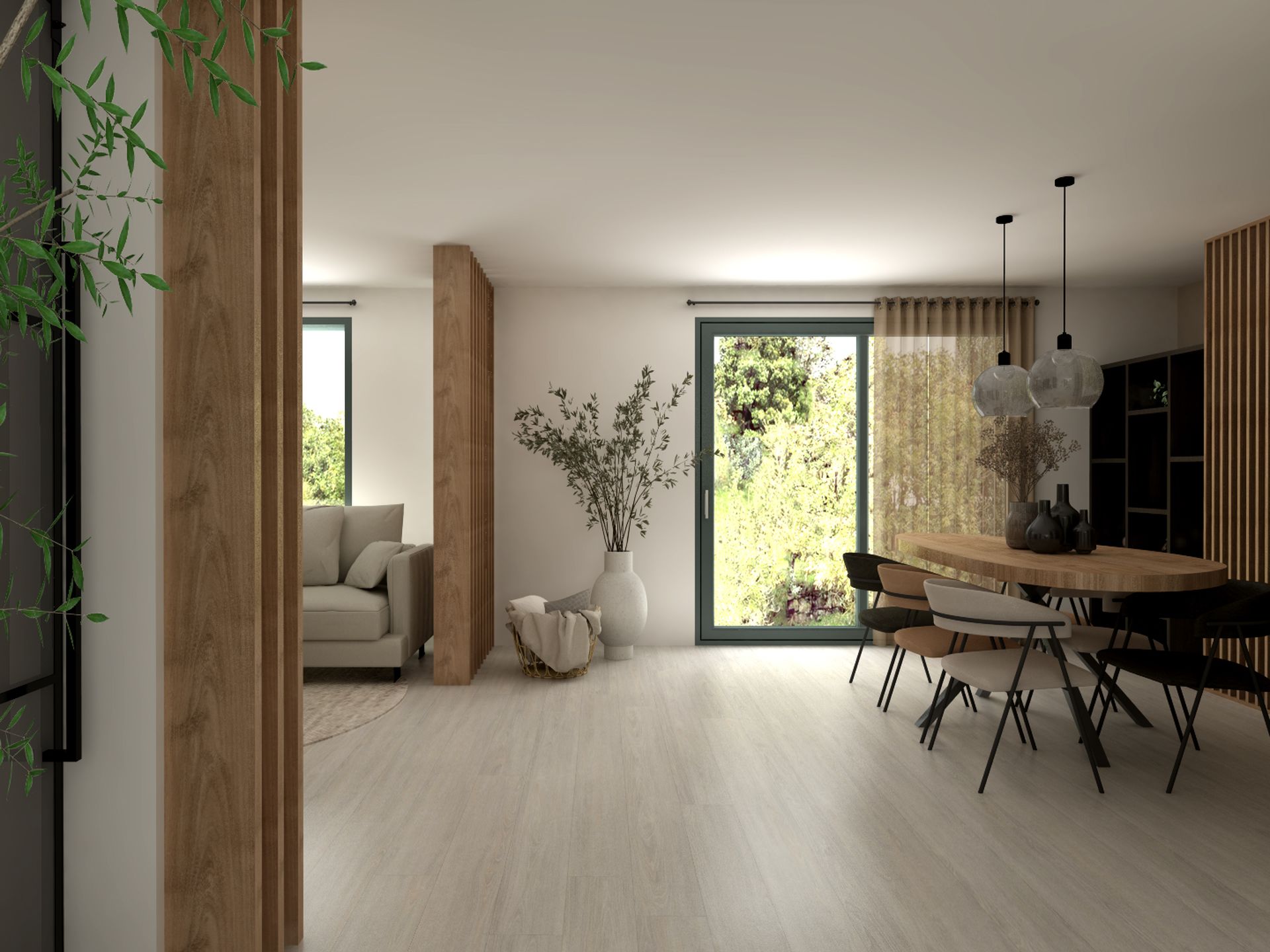 3D-visualisatie van een lichte woonkamer en eethoek in Oostvoorne met houten roomdividers en rustige zichtlijnen.
