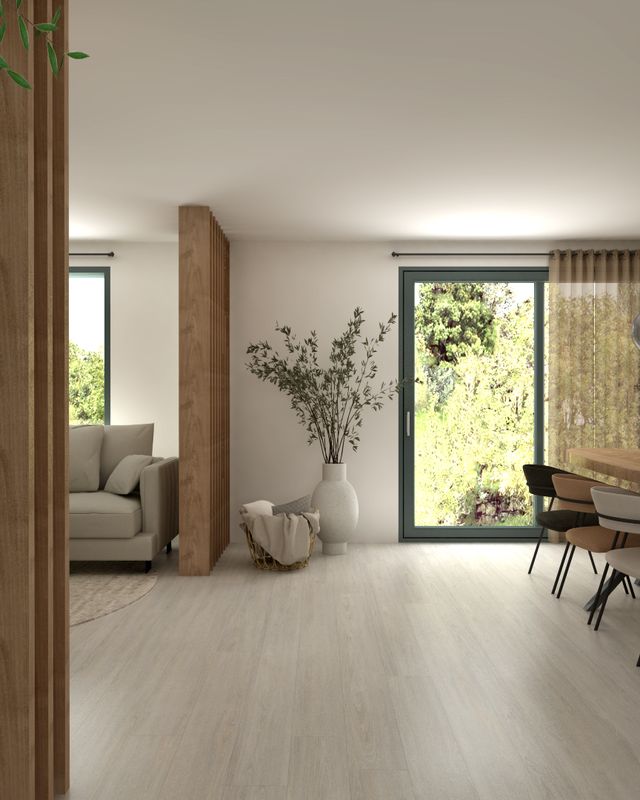3D-visualisatie van een lichte woonkamer en eethoek in Oostvoorne met houten roomdividers en rustige zichtlijnen.