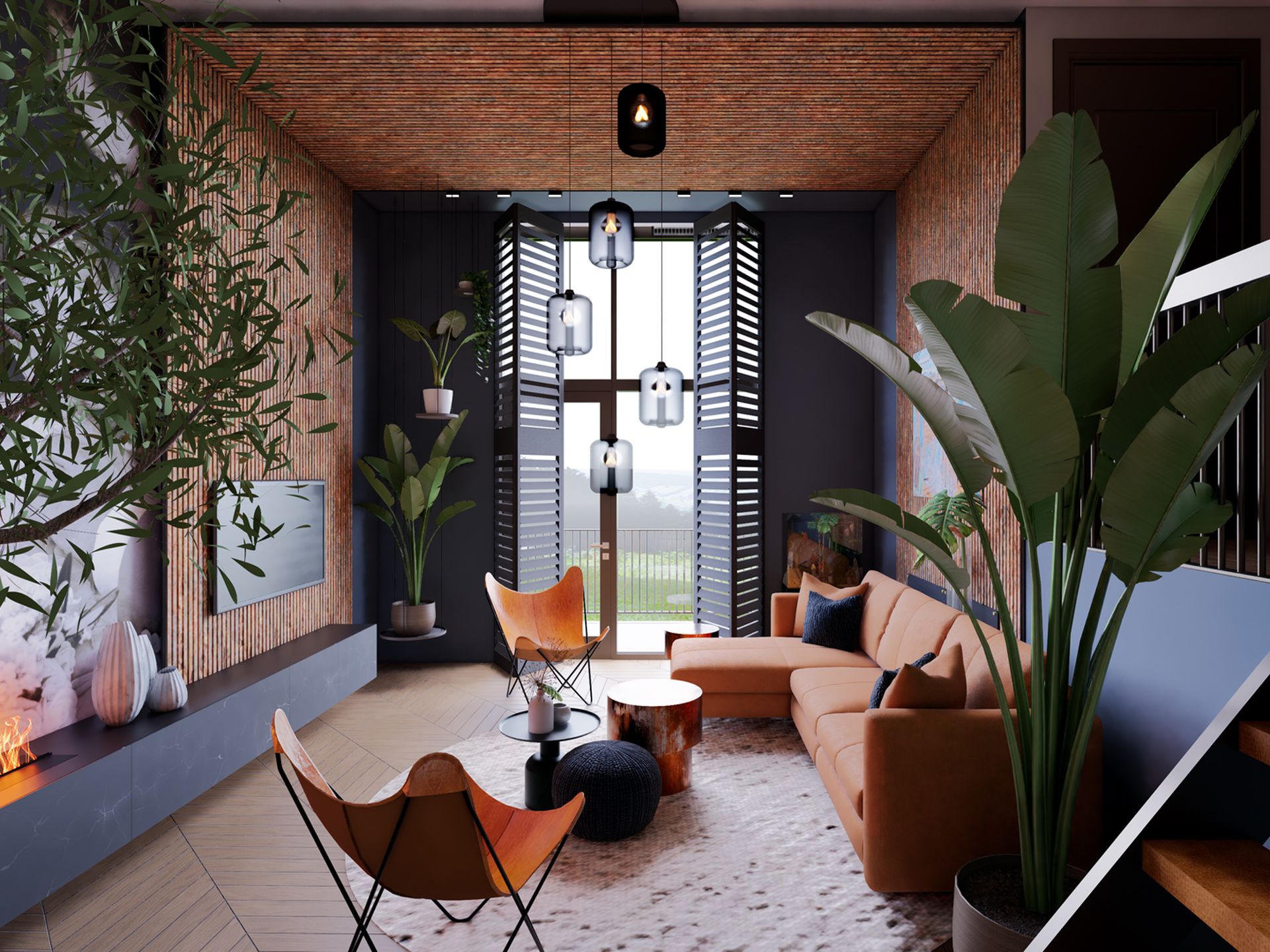 3D visualisatie van een hoge split-level woonkamer in Nootdorp met cognackleurige bank, houten wandpanelen, grote planten en open trap.