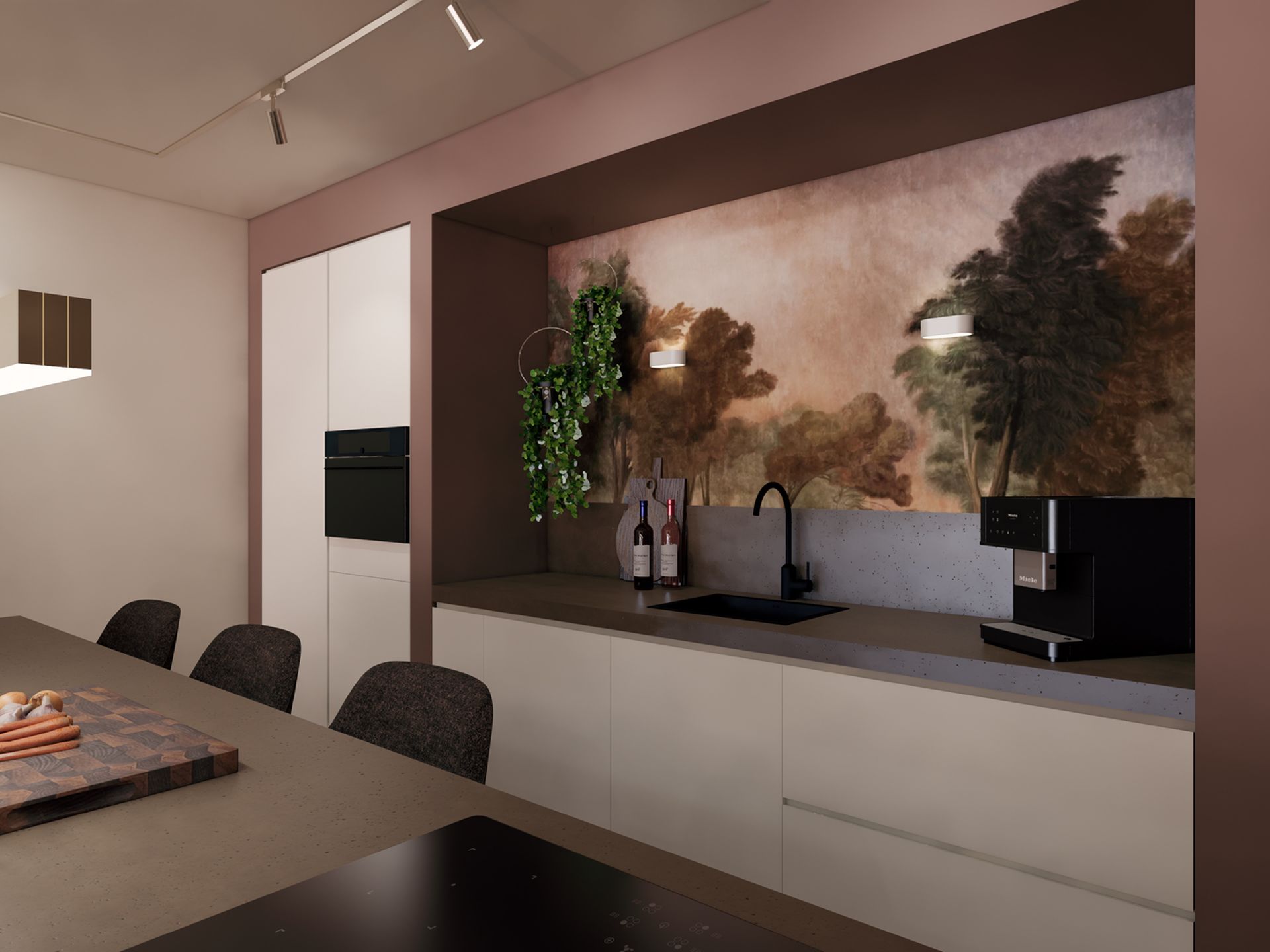 Keukenontwerp met spoelzone, donker werkblad, fotobehang en warme kleuraccenten in het appartement aan de Veerkade.
